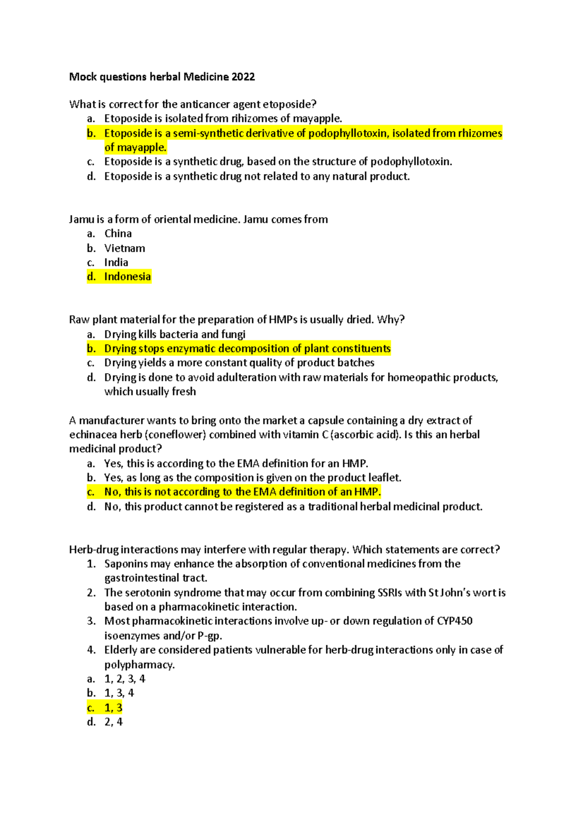 Mock questions HM with answers Mock questions herbal Medicine 2022