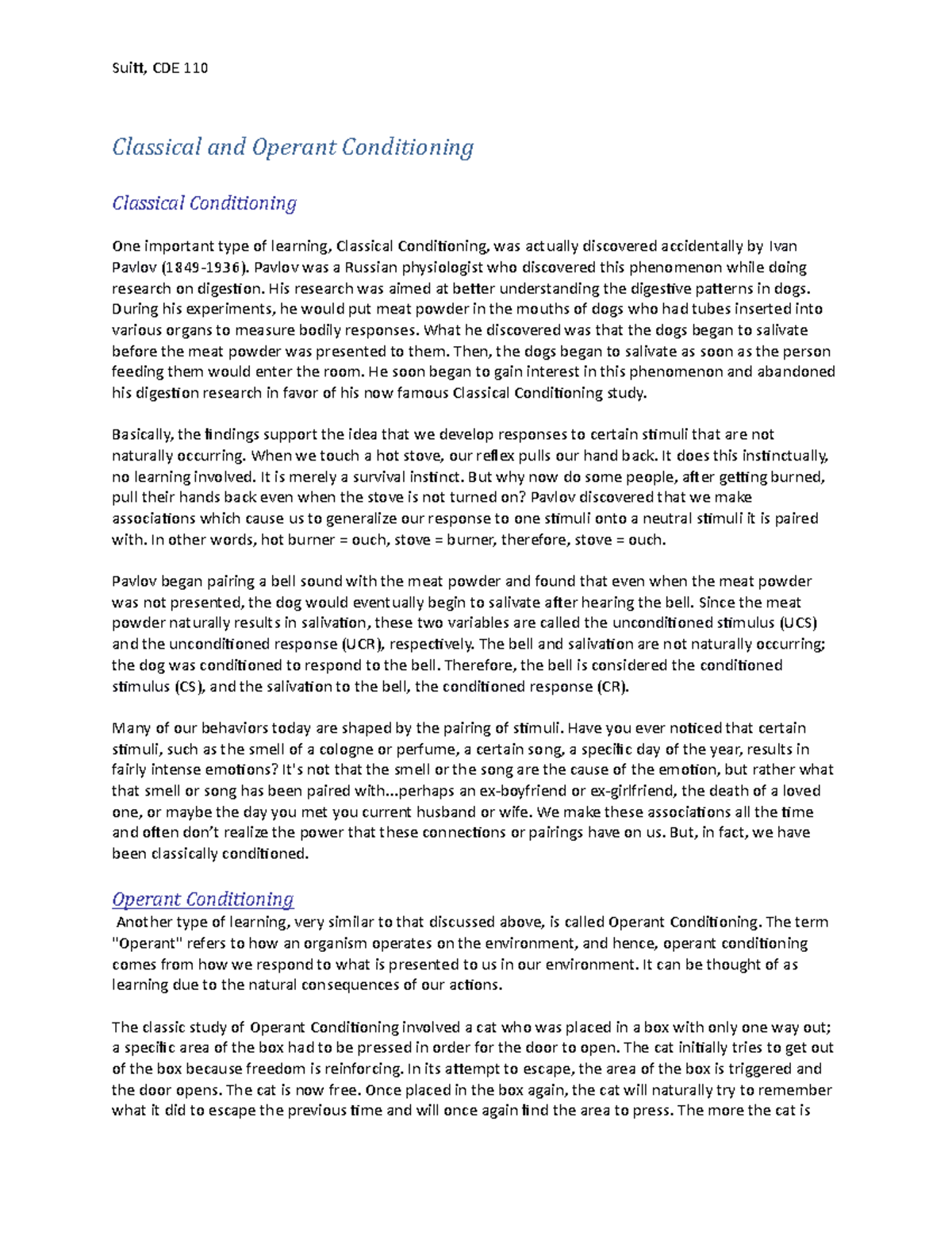 Classical and Operant Conditioning Child Development CDE118 Suitt, CDE 110 Classical and