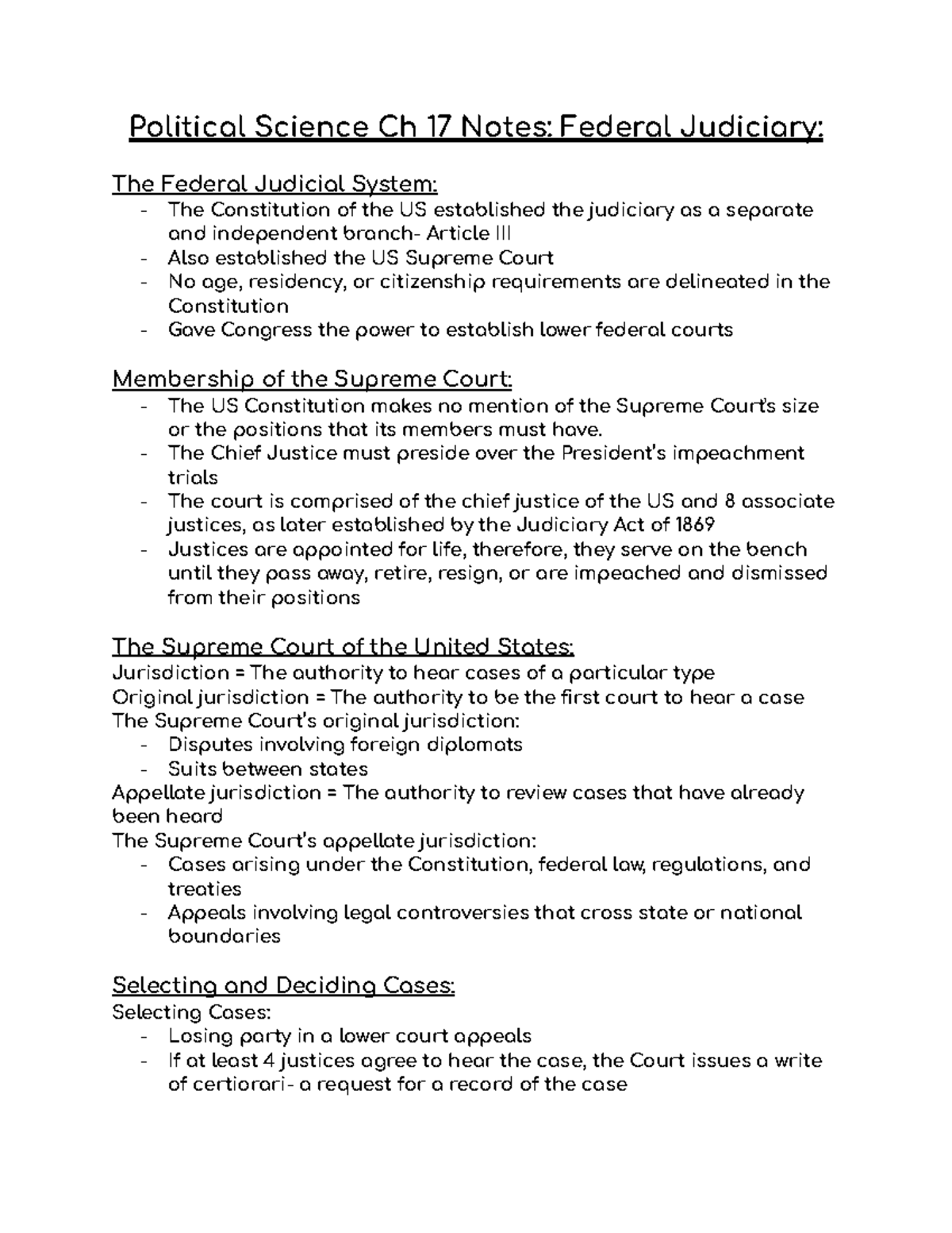 Political Science Ch 17 Notes Federal Judiciary Political Science Ch