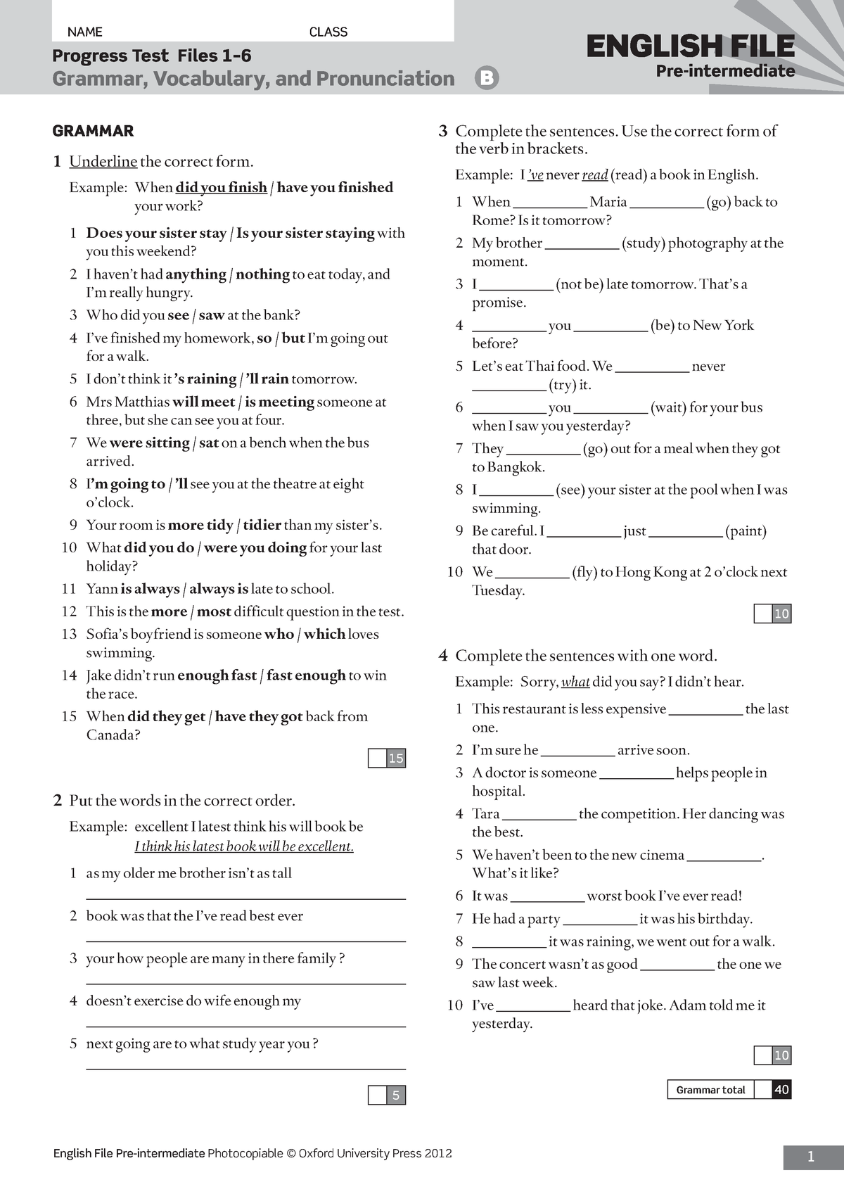 Scribd - English Pre-Intermediate - Progress Test Files 1– Grammar ...