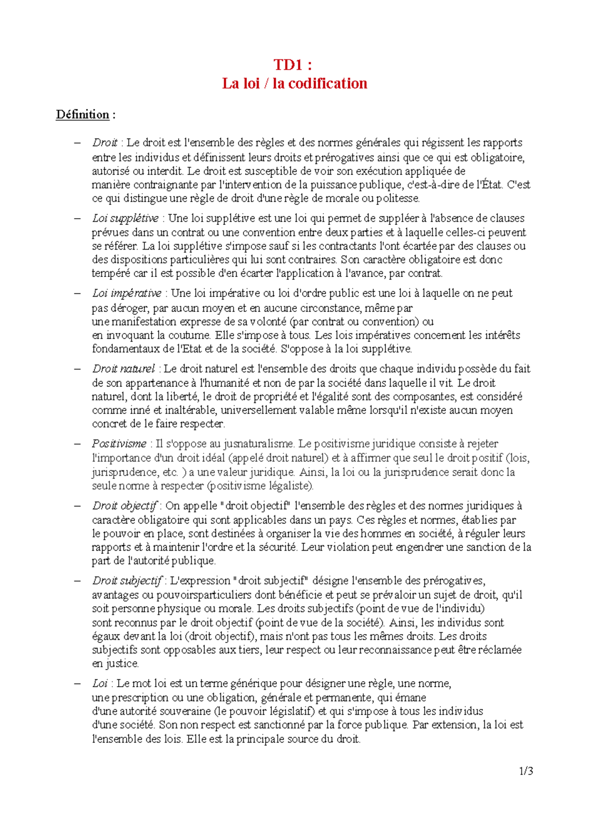 TD1 définition juridique TD1 La loi / la codification Définition