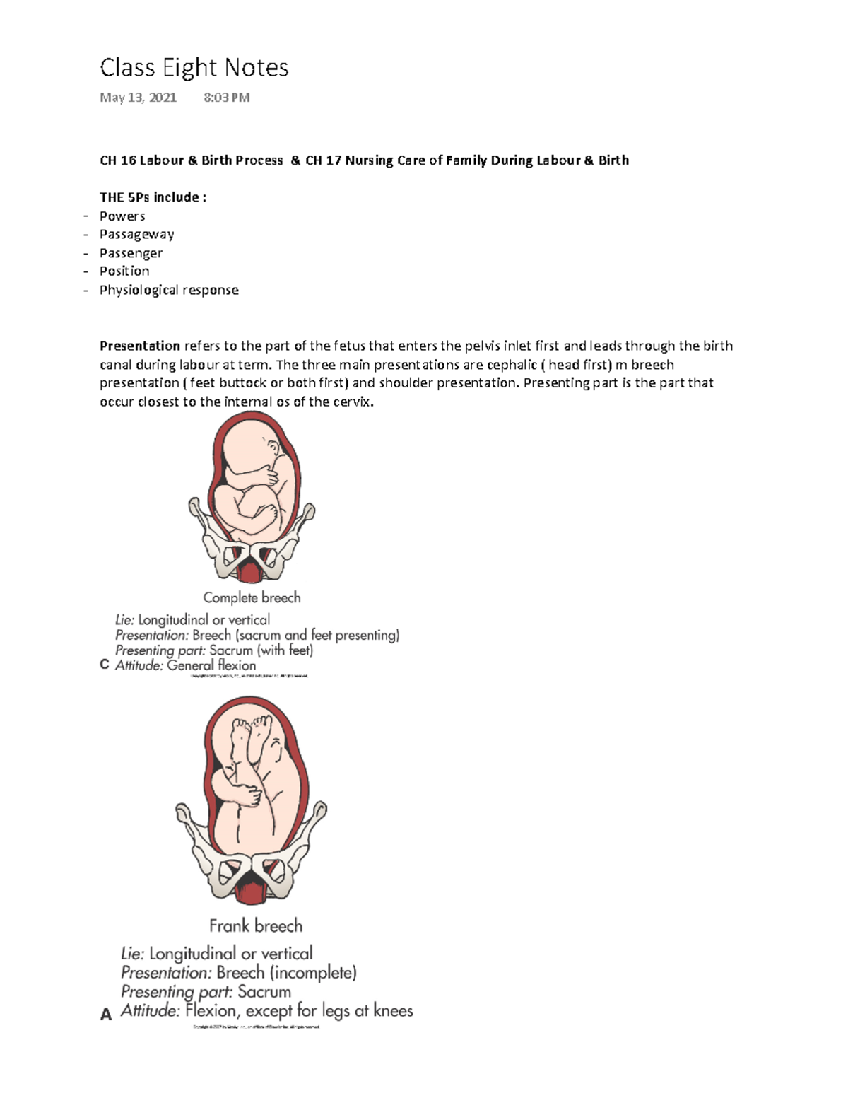Class eight notes - CH 16 Labour & Birth Process & CH 17 Nursing Care ...