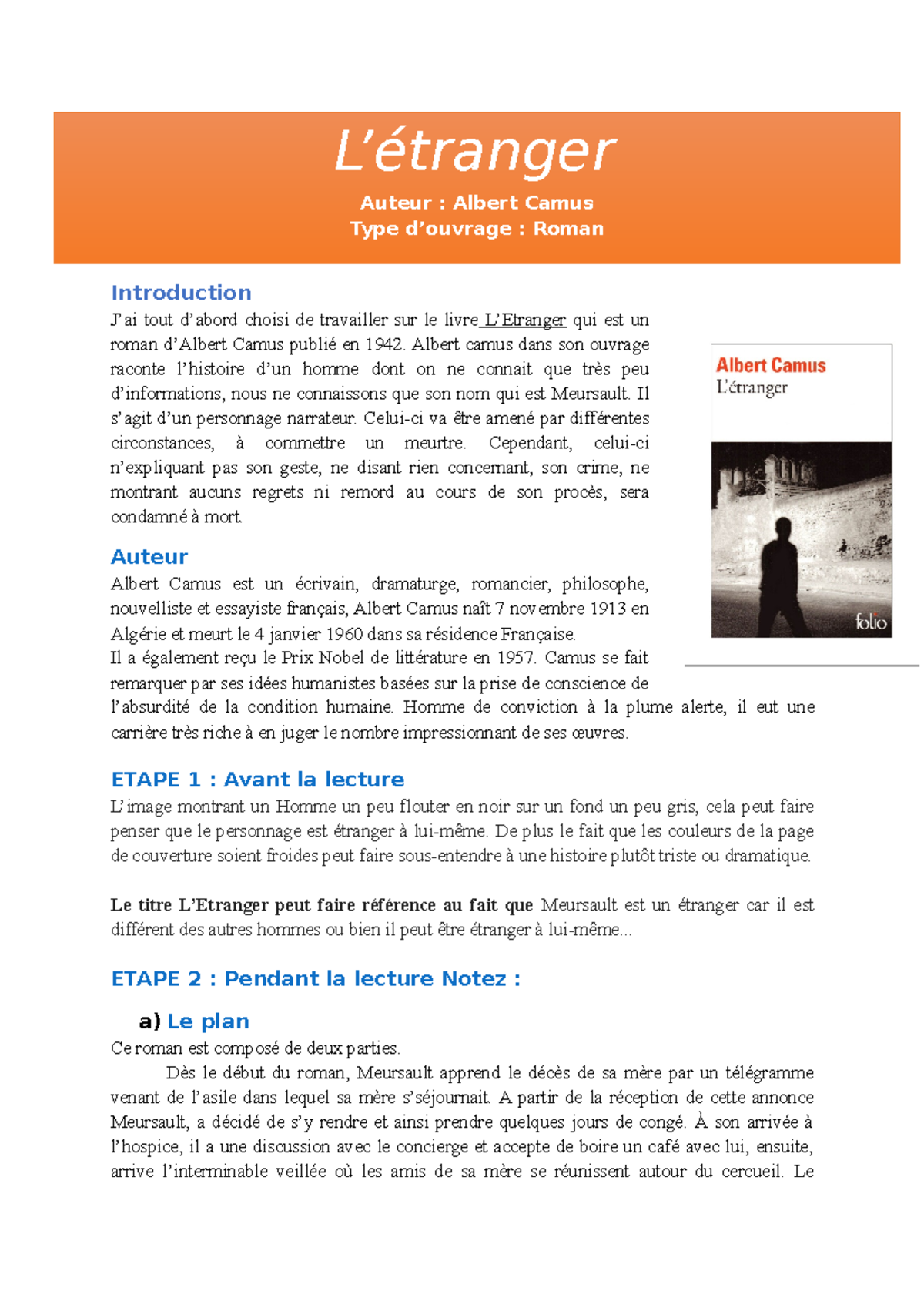 L Etranger Albert Camus Personnages L'étranger Albert Camus - Introduction J'ai tout d'abord choisi de  travailler sur le livre - Studocu