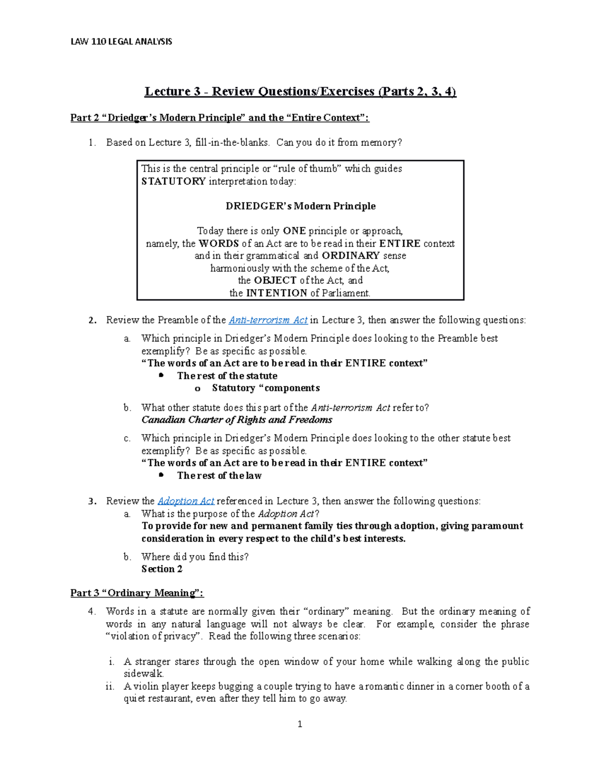Lecture 3 Parts 2, 3, 4 Review LAW 110 LEGAL ANALYSIS Lecture 3