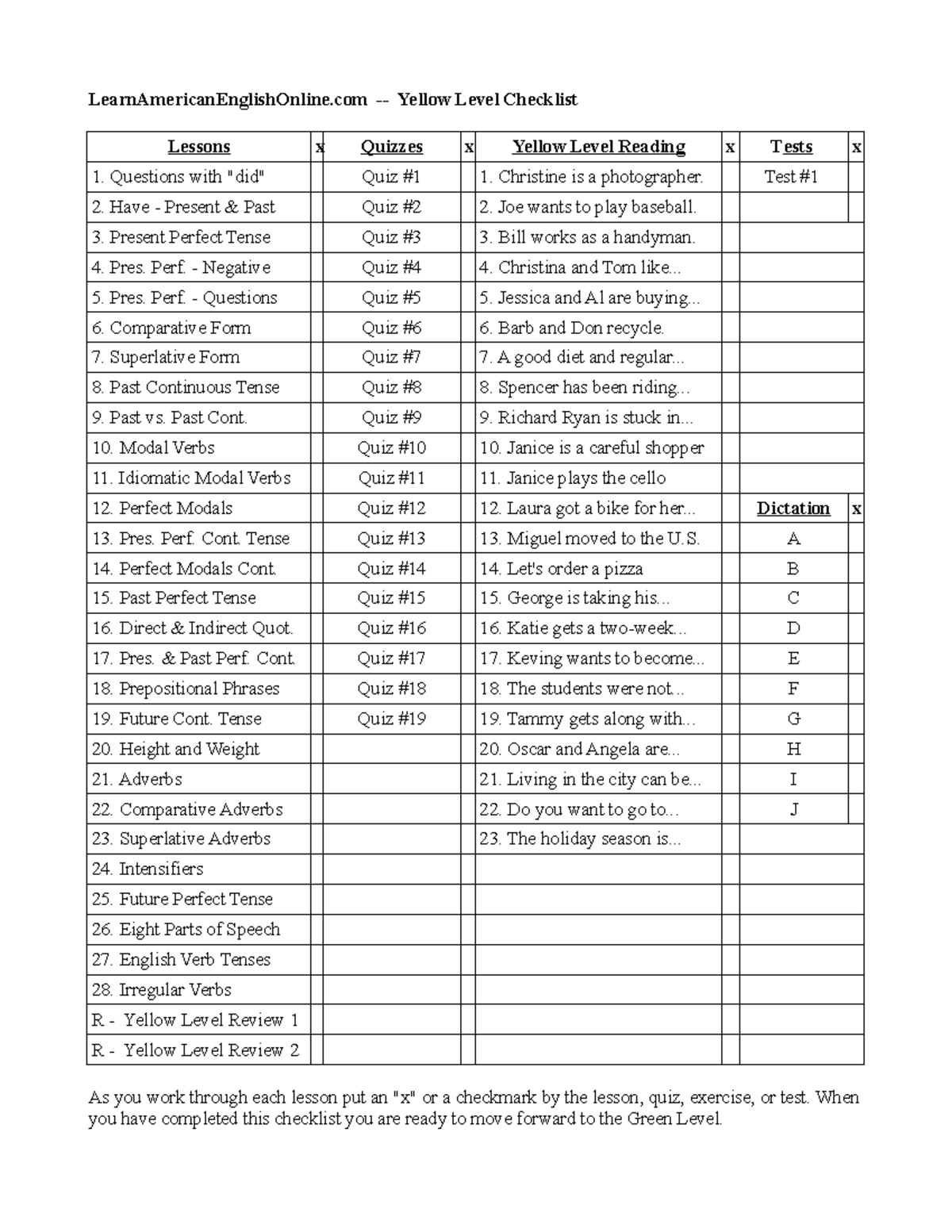 Yellow Level Checklist - LearnAmericanEnglishOnline - Yellow Level ...