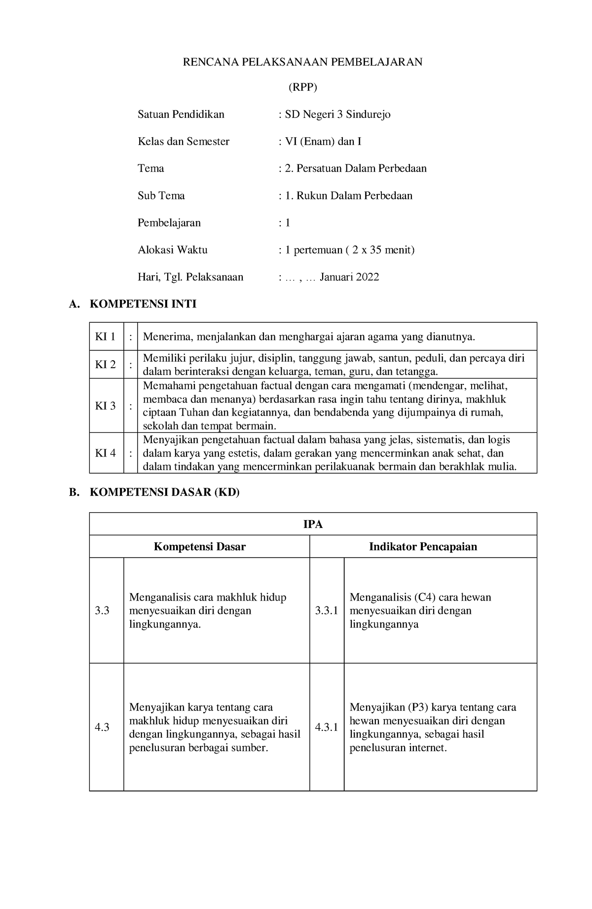 Rpp Kelas 6 Tema 2 Subtema 1 Pembelajaran Ke 1 Rencana Pelaksanaan Pembelajaran Rpp Satuan 8916