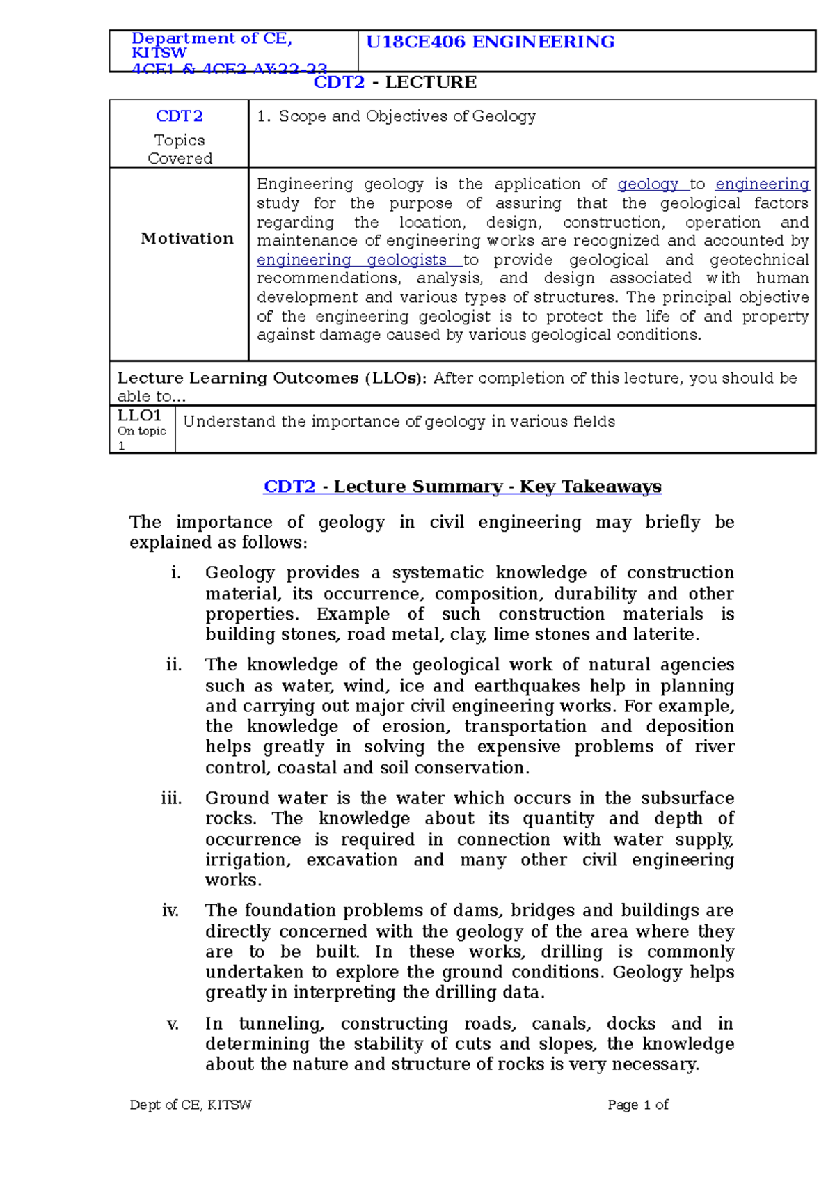 EG 2 - Geology notes for engineering - CDT Topics Covered 1. Scope and ...