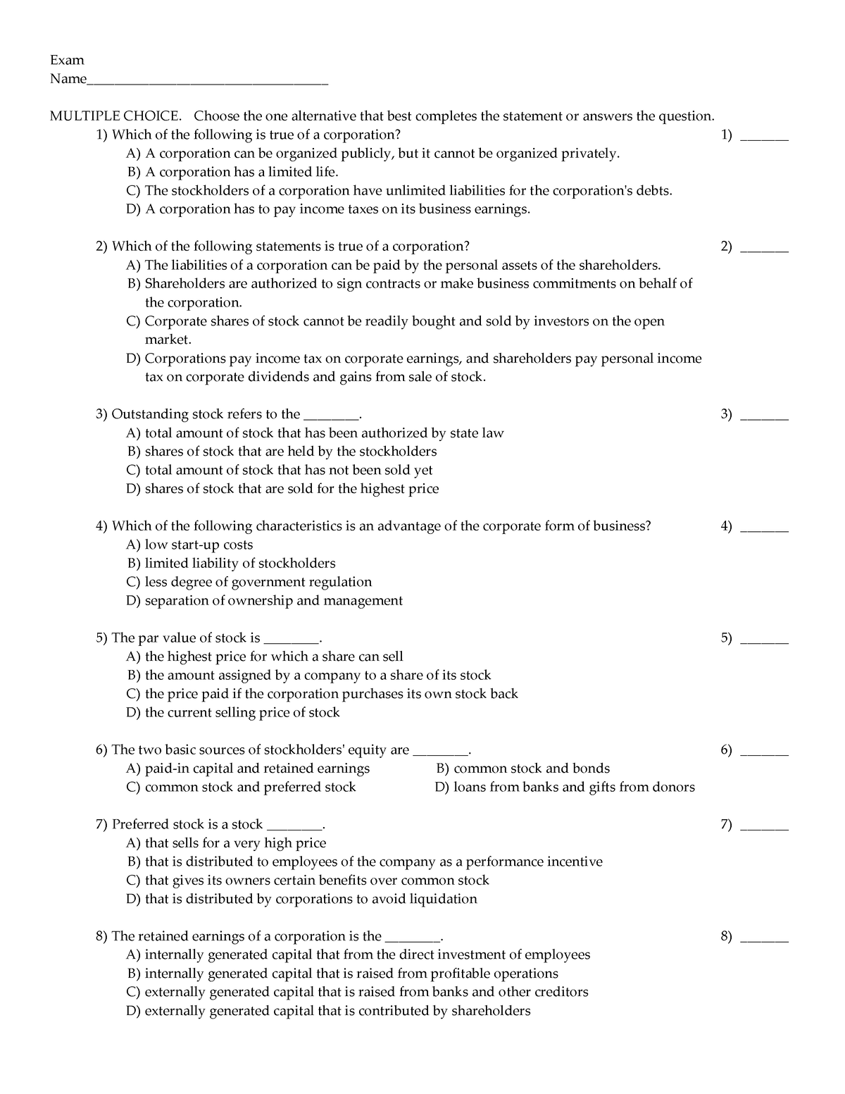 Chapter 13 - Business Management - Exam Name ...