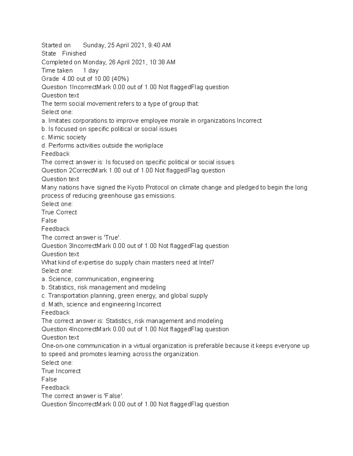 Bus 1101 - Self Quiz Unit 3 - Started On Sunday, 25 April 2021, 9:40 AM ...