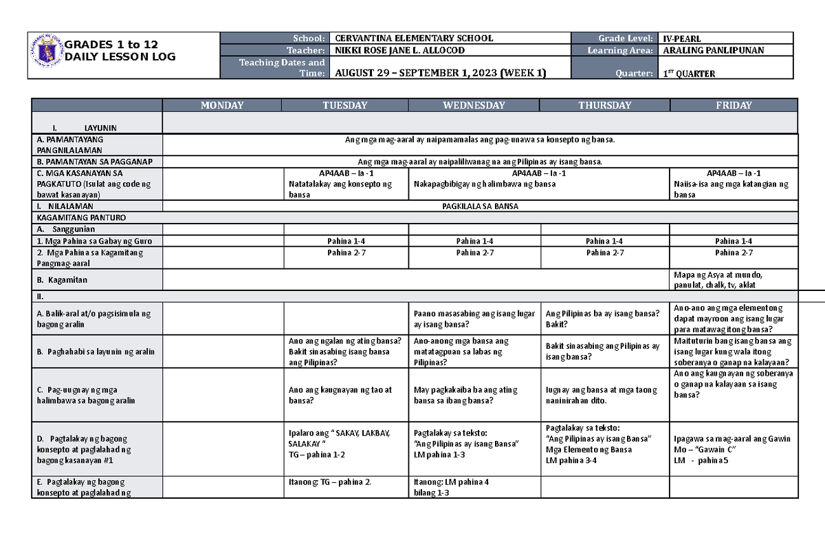 DLL Araling Panlipunan 4 Q1 W1 - GRADES 1 to 12 DAILY LESSON LOG School ...