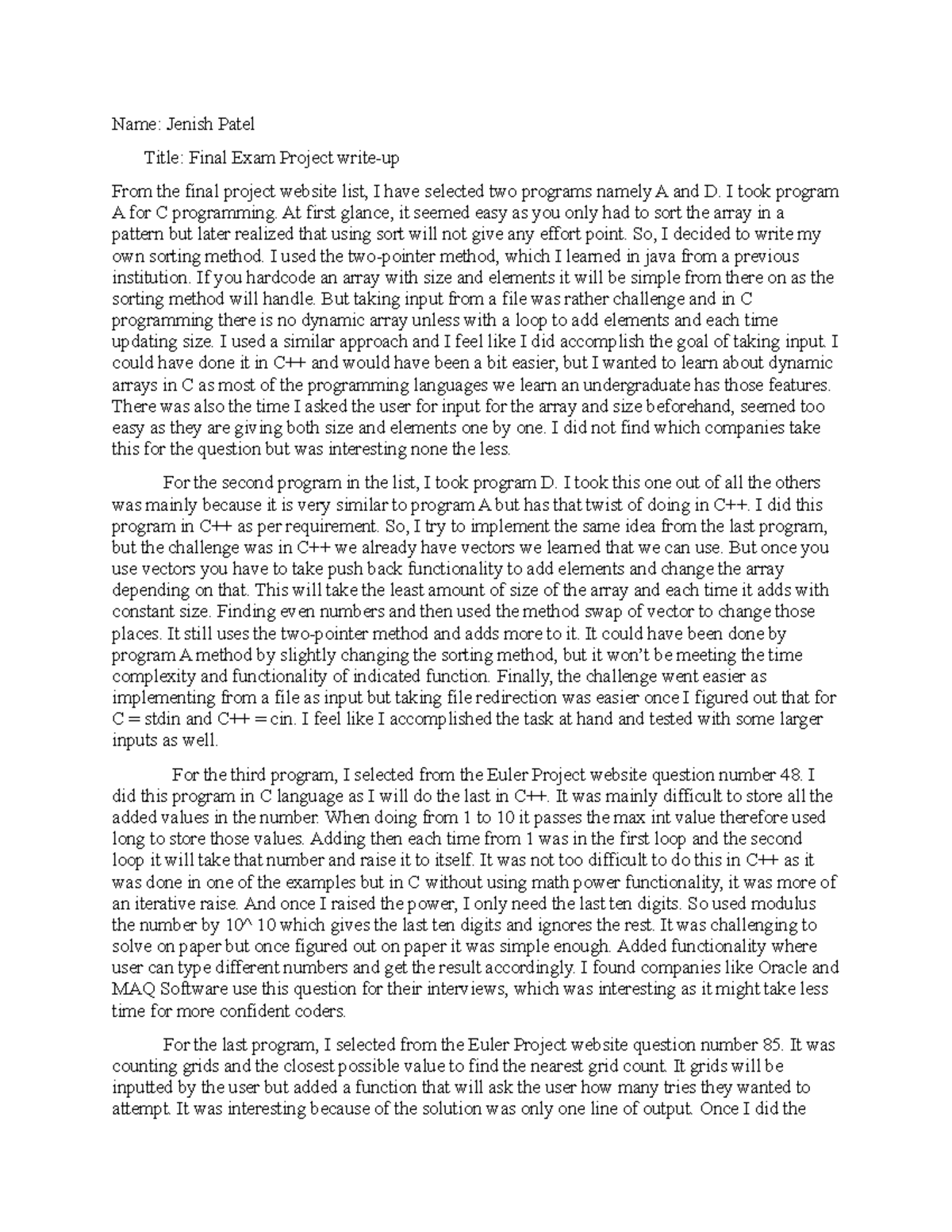 Final Ending Project Learning Goal - Name: Jenish Patel Title: Final ...