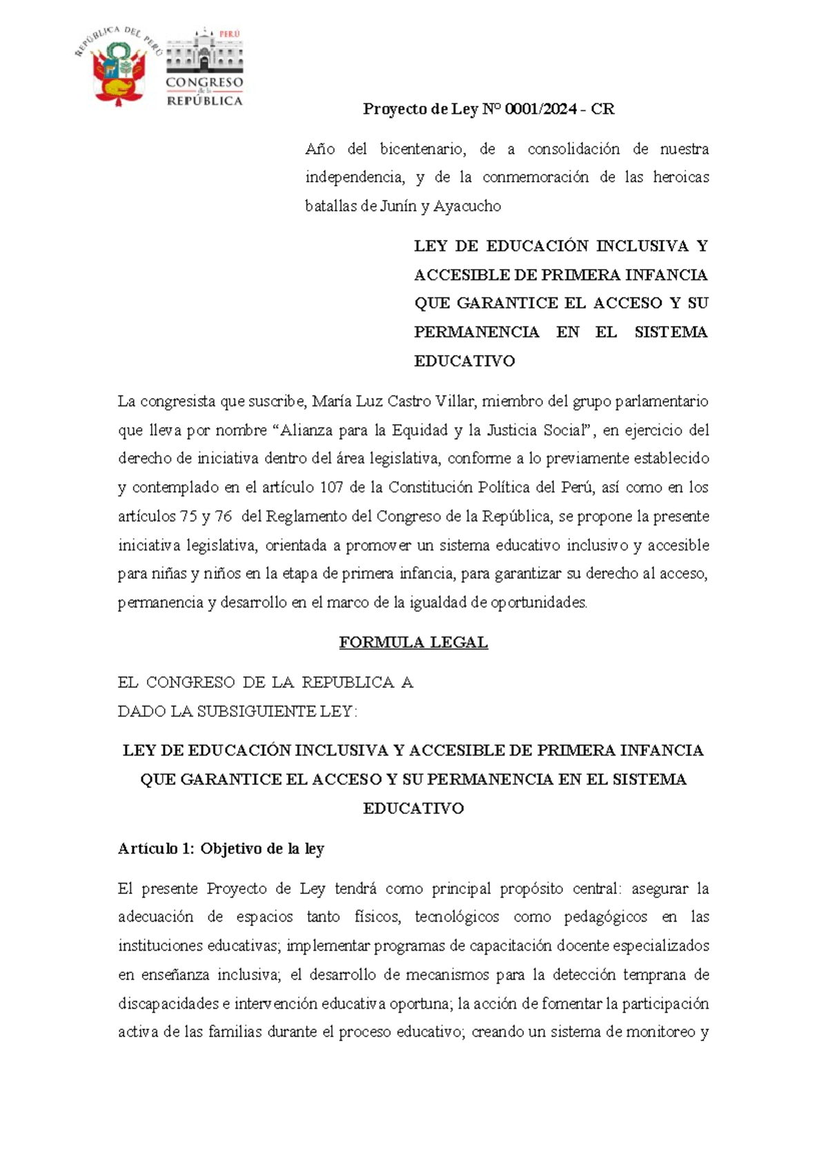 Proyecto DE LEY- Castro - Proyecto de Ley N° 0001/2024 - CR Año del ...