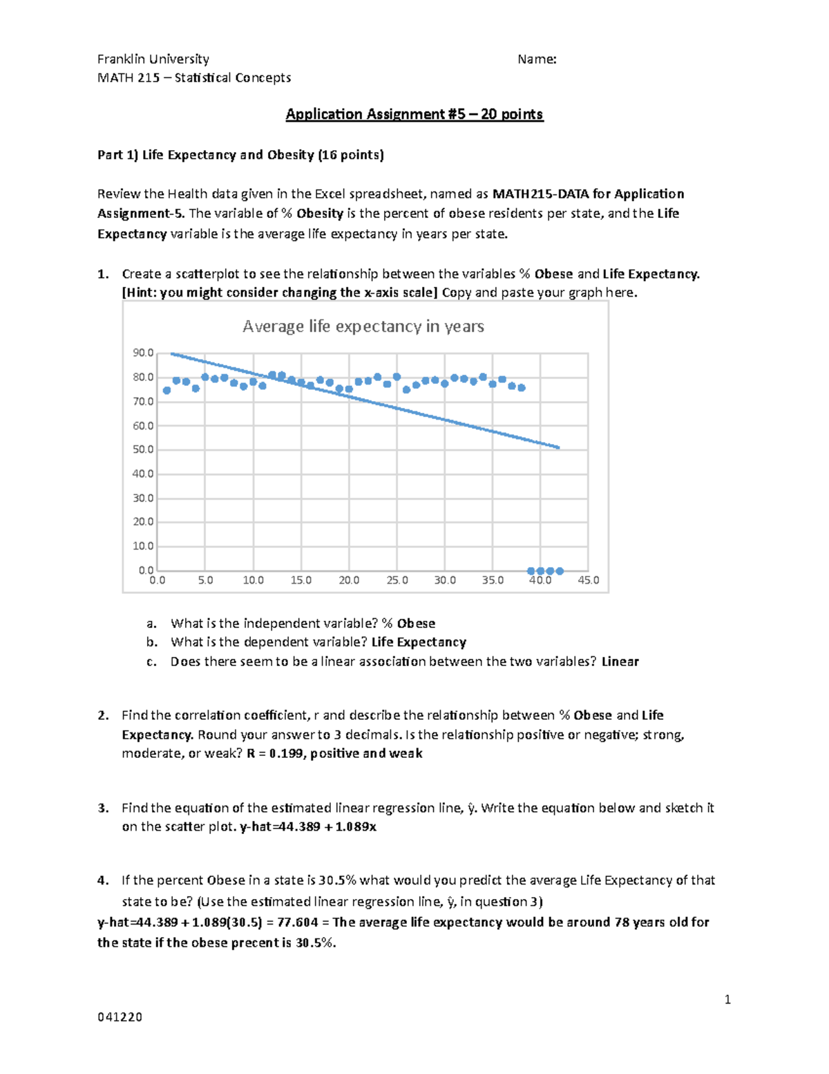 MATH215 App Assignment 5 - Franklin University Name: MATH 215 ...