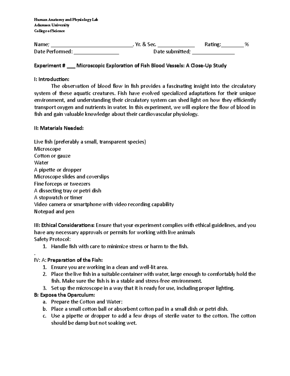 Blood vessel of fish docx - Human Anatomy and Physiology Lab Adamson ...