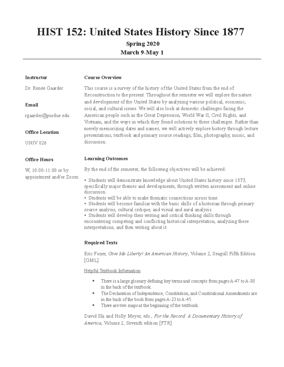 HIST 152 Spring 2020 Syllabus Online Final (10) - HIST 152: United ...