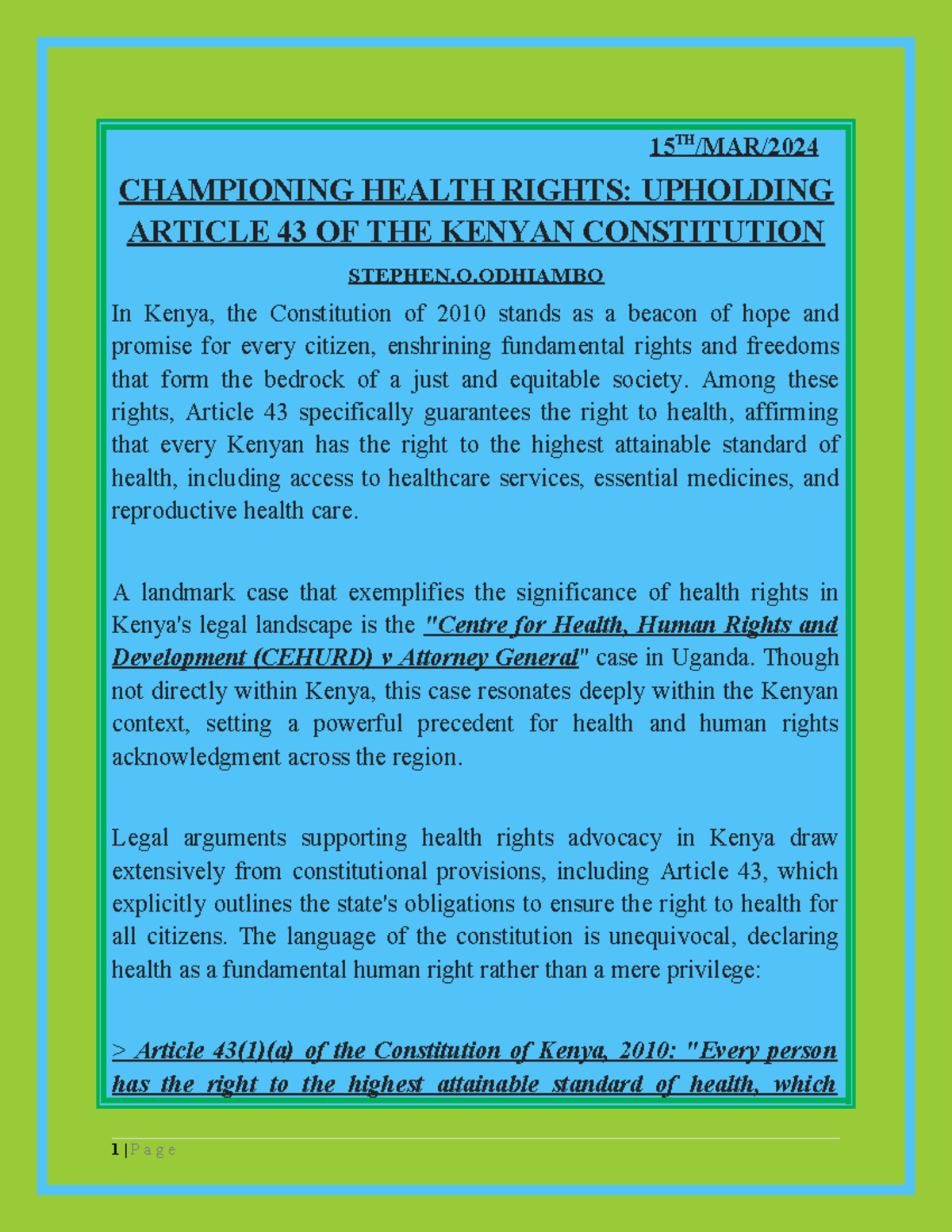 Championing Health Rights BY Stephen - 15 TH /MAR/ CHAMPIONING HEALTH ...