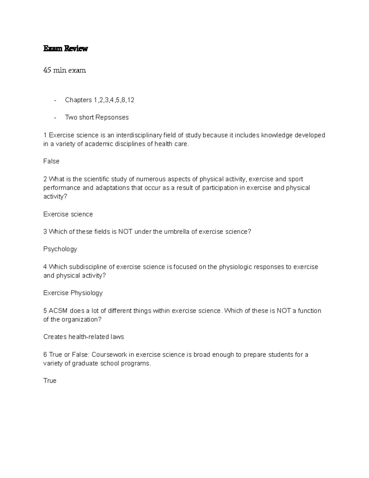 Exam Review - Exam Review 45 min exam Chapters 1,2,3,4,5,8, Two short ...