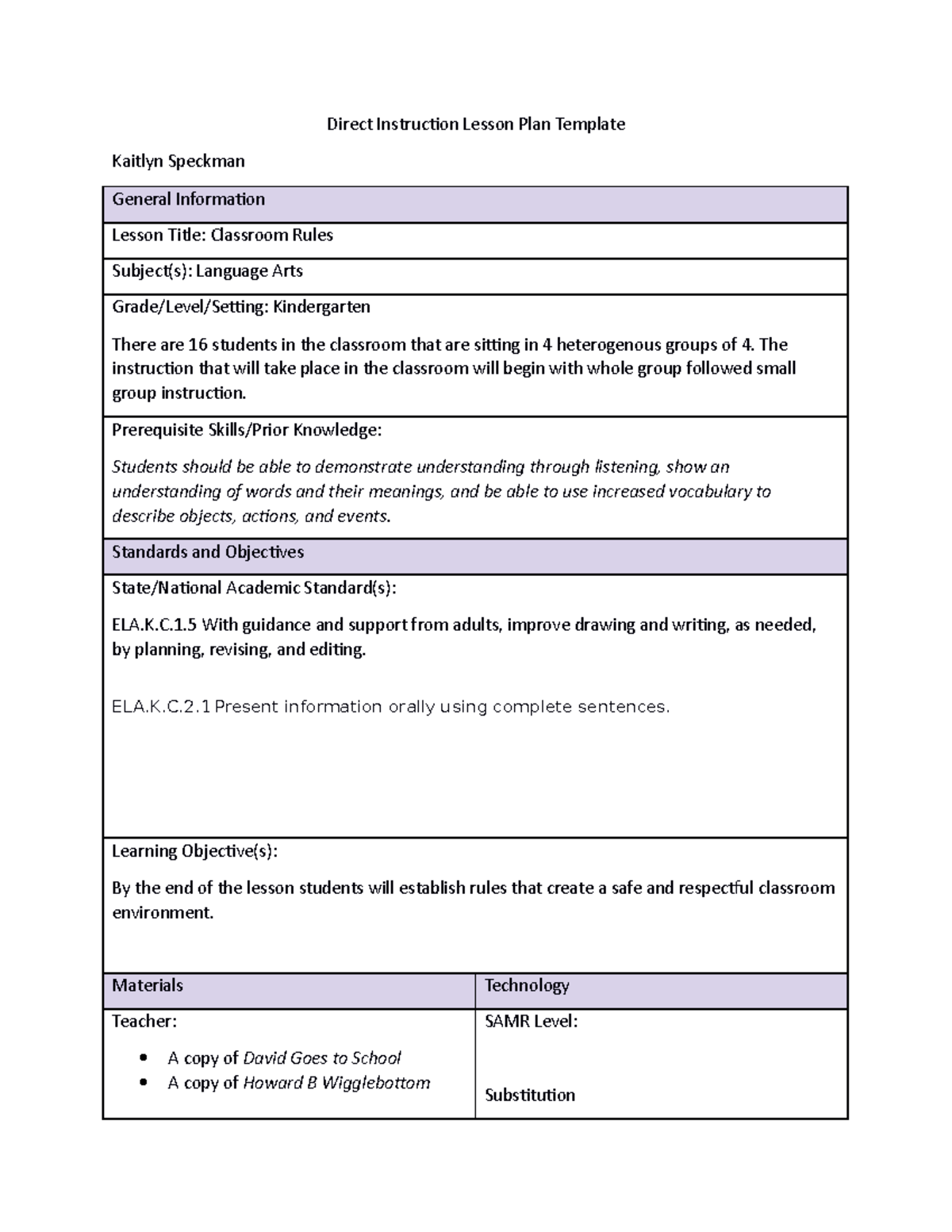 No david 2 - lesson plan - Direct Instruction Lesson Plan Template ...