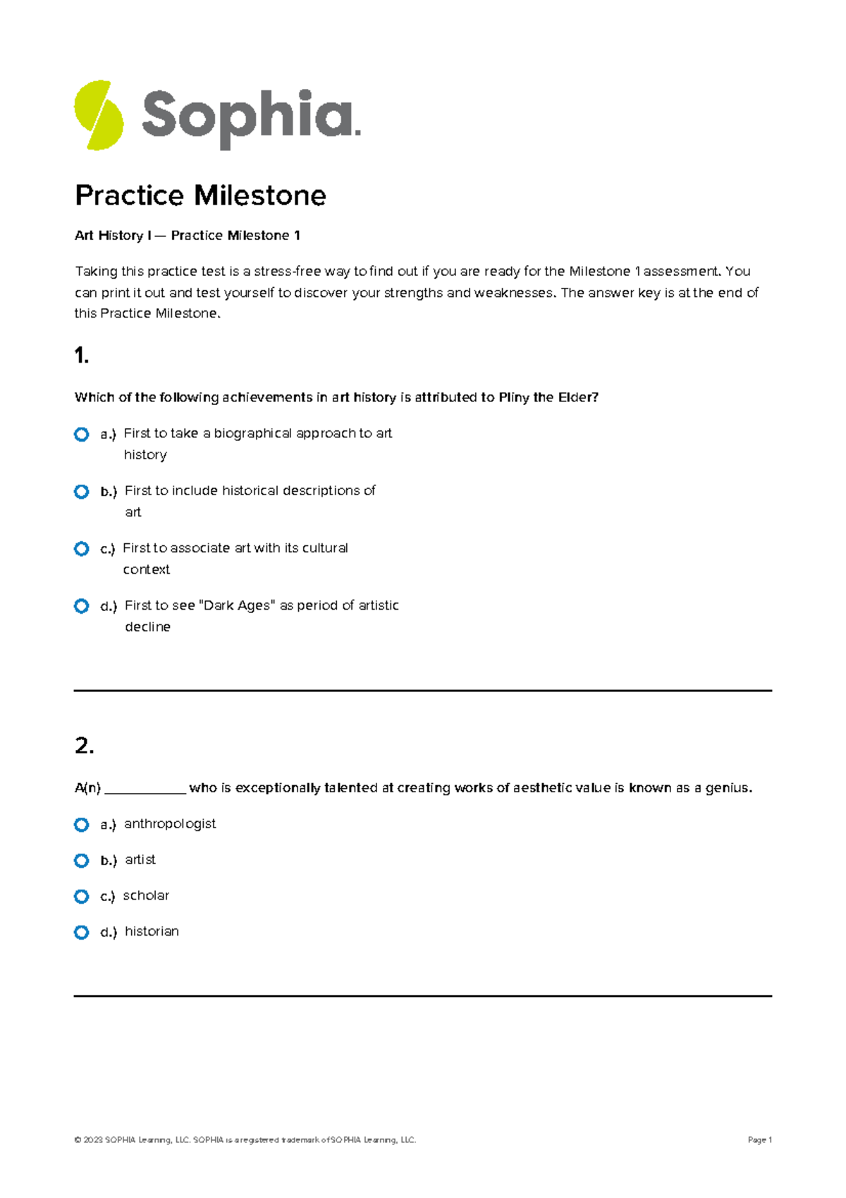 Art history unit 1 practice questions and answers milestone a