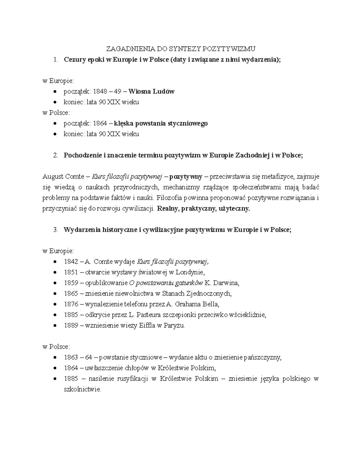 Zagadnienia-DO- Syntezy- Pozytywizmu - ZAGADNIENIA DO SYNTEZY