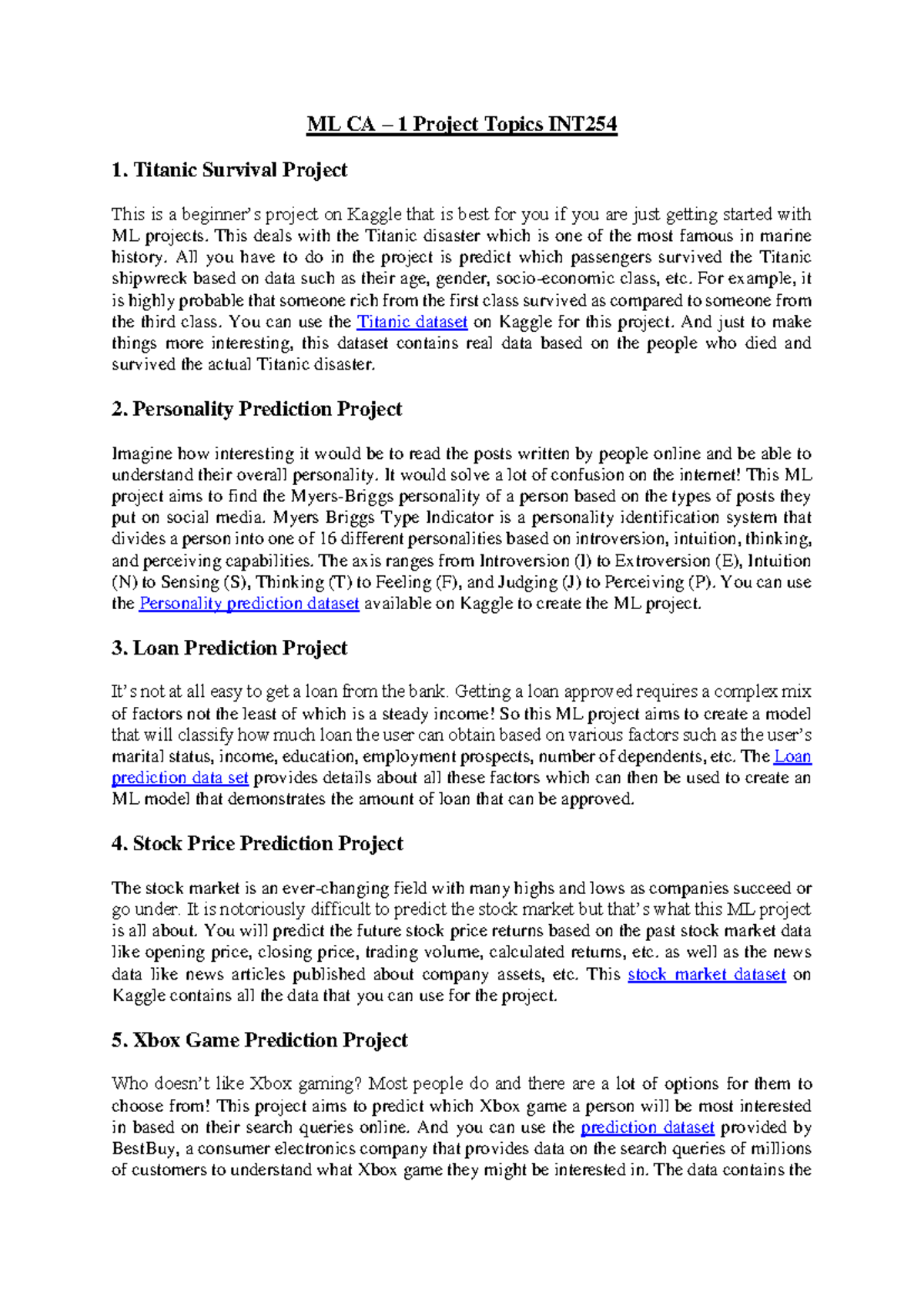 ML CA Project topics - ML CA – 1 Project Topics INT 1. Titanic Survival ...