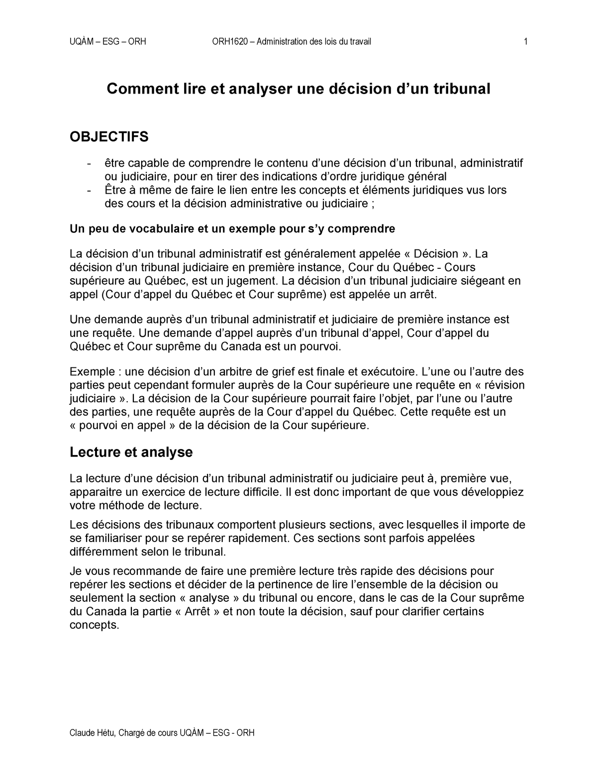 Comment Lire Et Analyser Une Decision D Un Tribunal Uqam Esg Orh Orh1620 Administration Des Studocu