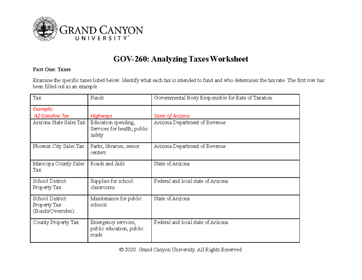 GOV 260 Analyzing Tax Worksheet Haylee Emanuel GOV 260 Analyzing Taxes Worksheet Part One 