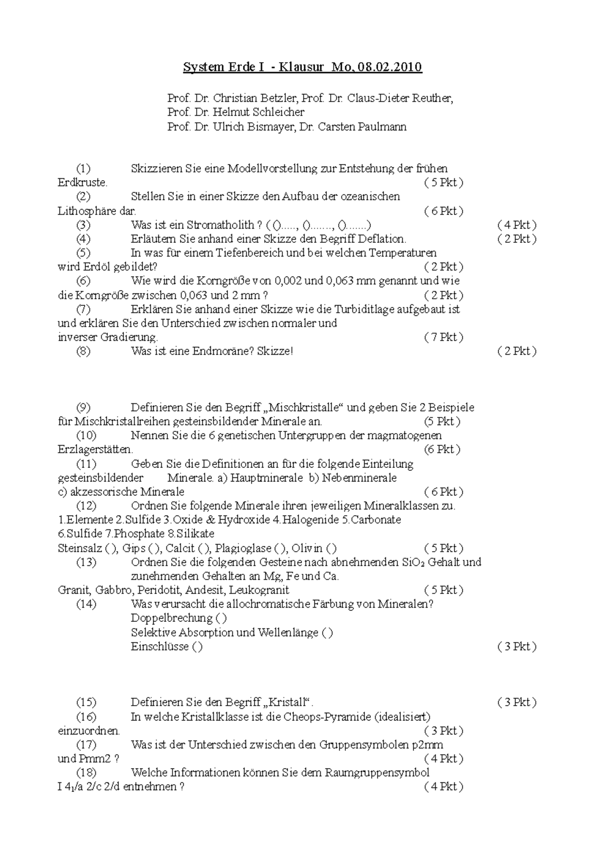 Klausur 8 Februar Winter 2010/2011, Fragen - System Erde I - Klausur Mo ...