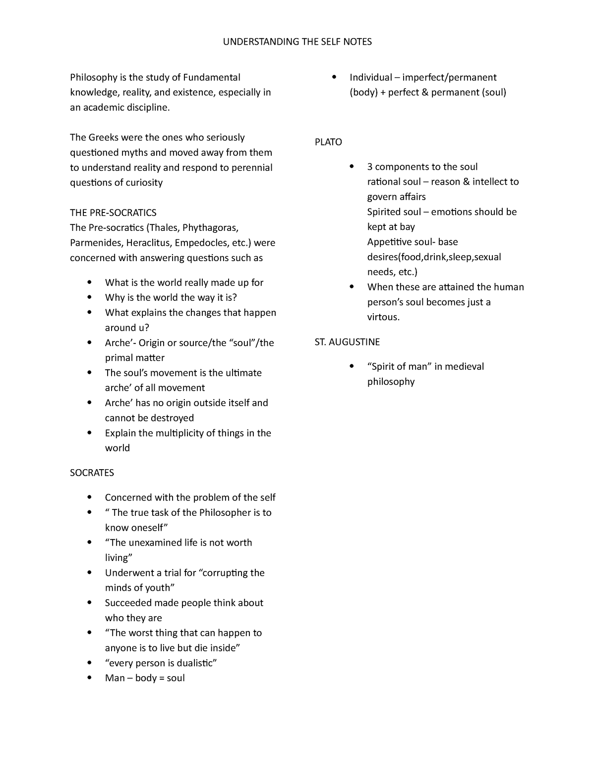 UTS Notes Draft - UNDERSTANDING THE SELF NOTES Philosophy is the study ...