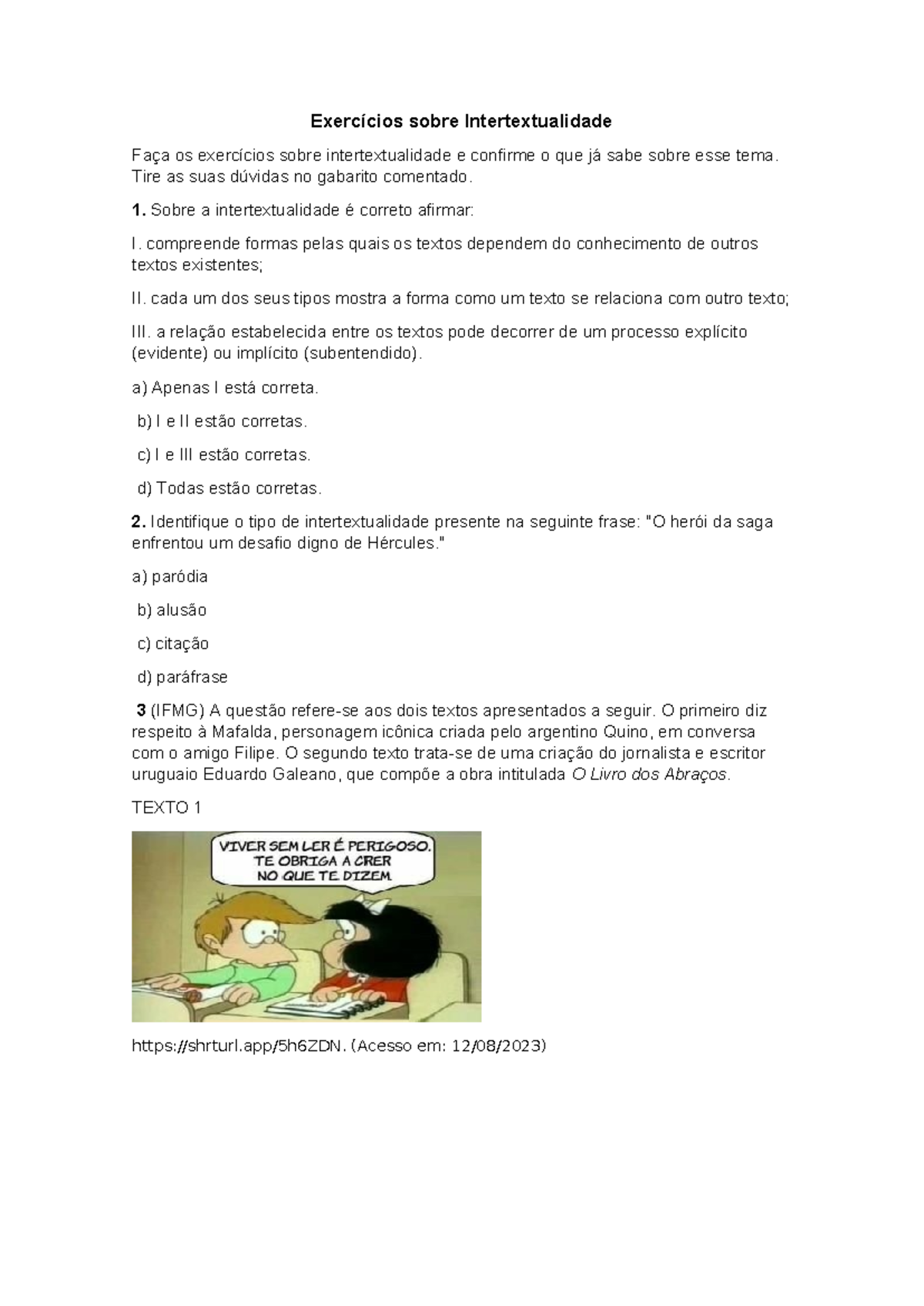 Exercícios sobre Intertextualidade - Tire as suas dúvidas no gabarito ...