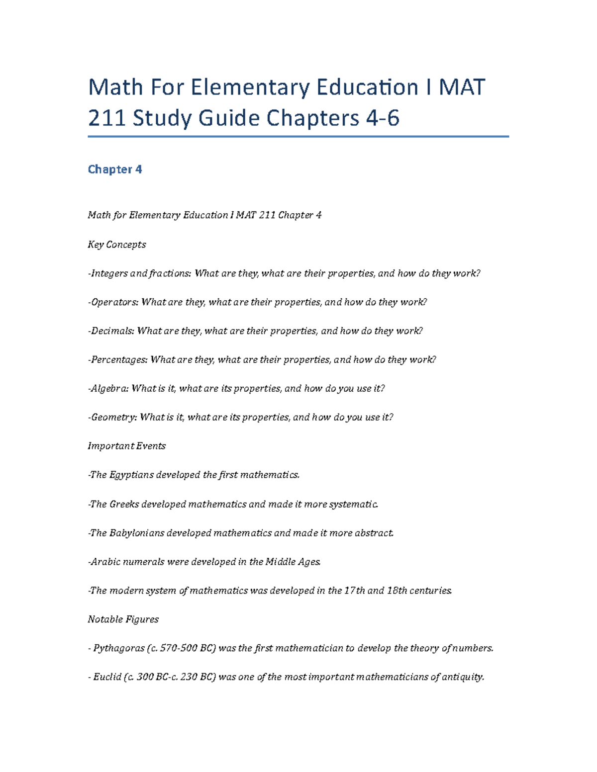 Math For Elementary Education I MAT 211 Study Guide Chapters 4-6 -The ...