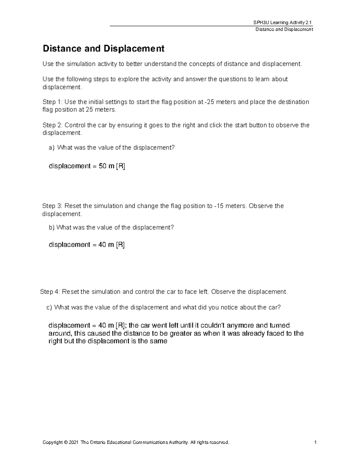 Distanceanddisplacementpractice - SPH3U Learning Activity 2. Distance ...