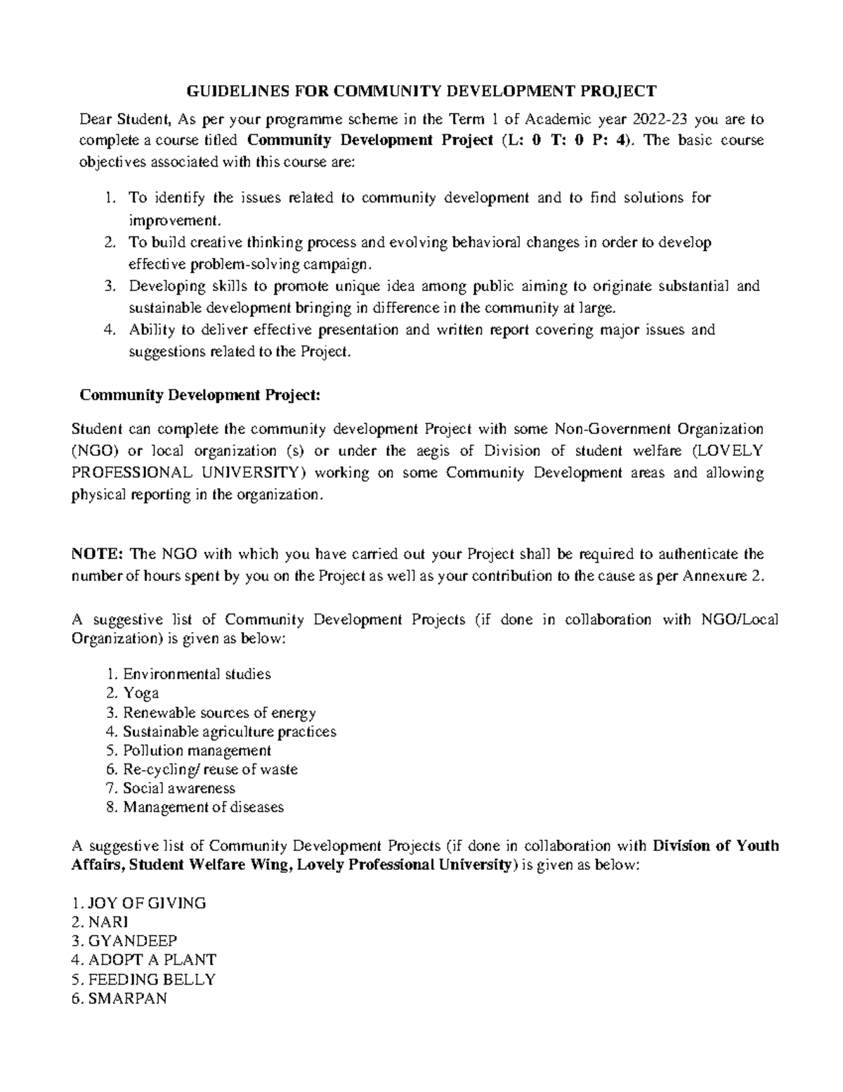CDP Project - GUIDELINES FOR COMMUNITY DEVELOPMENT PROJECT Dear Student ...
