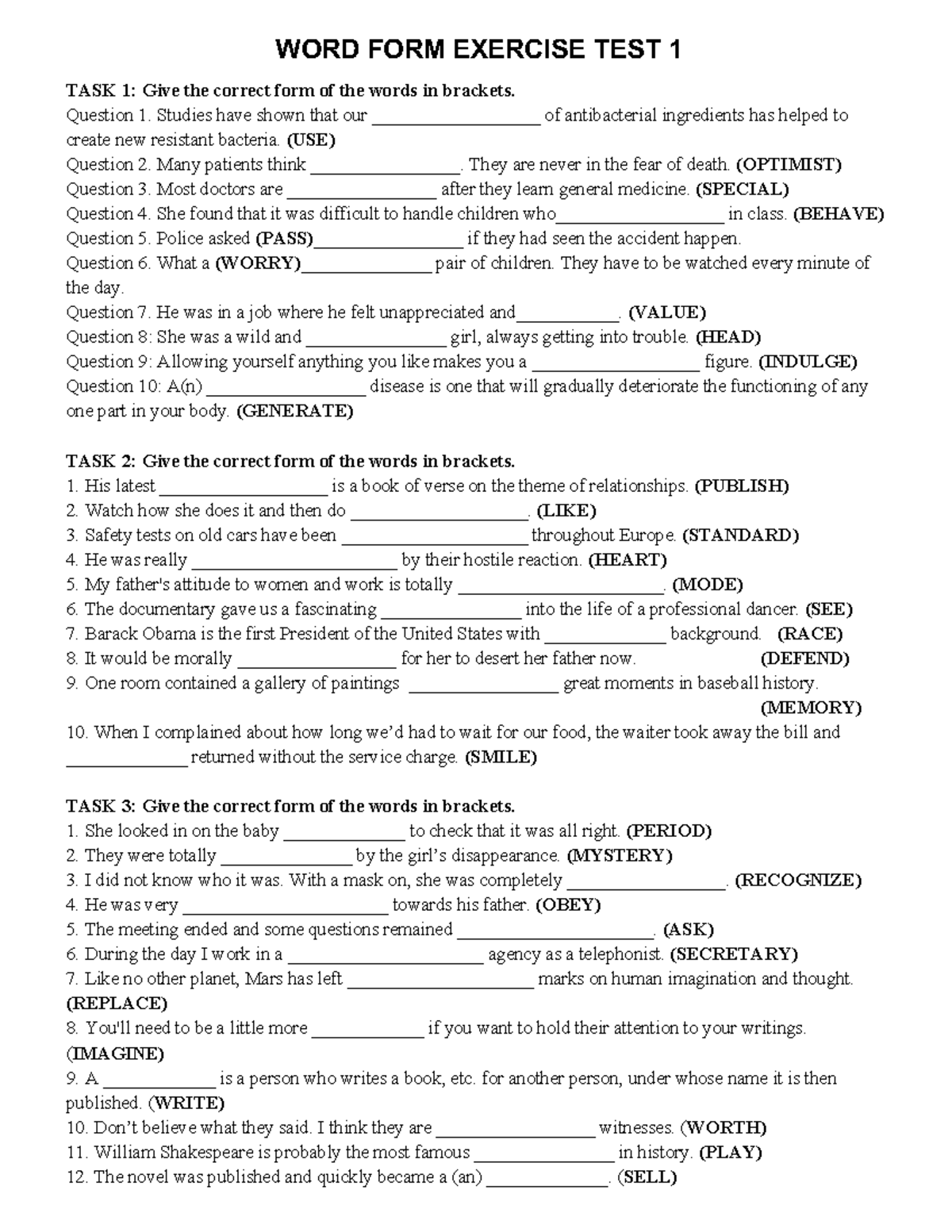 BT WORD FORM - sssda - WORD FORM EXERCISE TEST 1 TASK 1: Give the ...