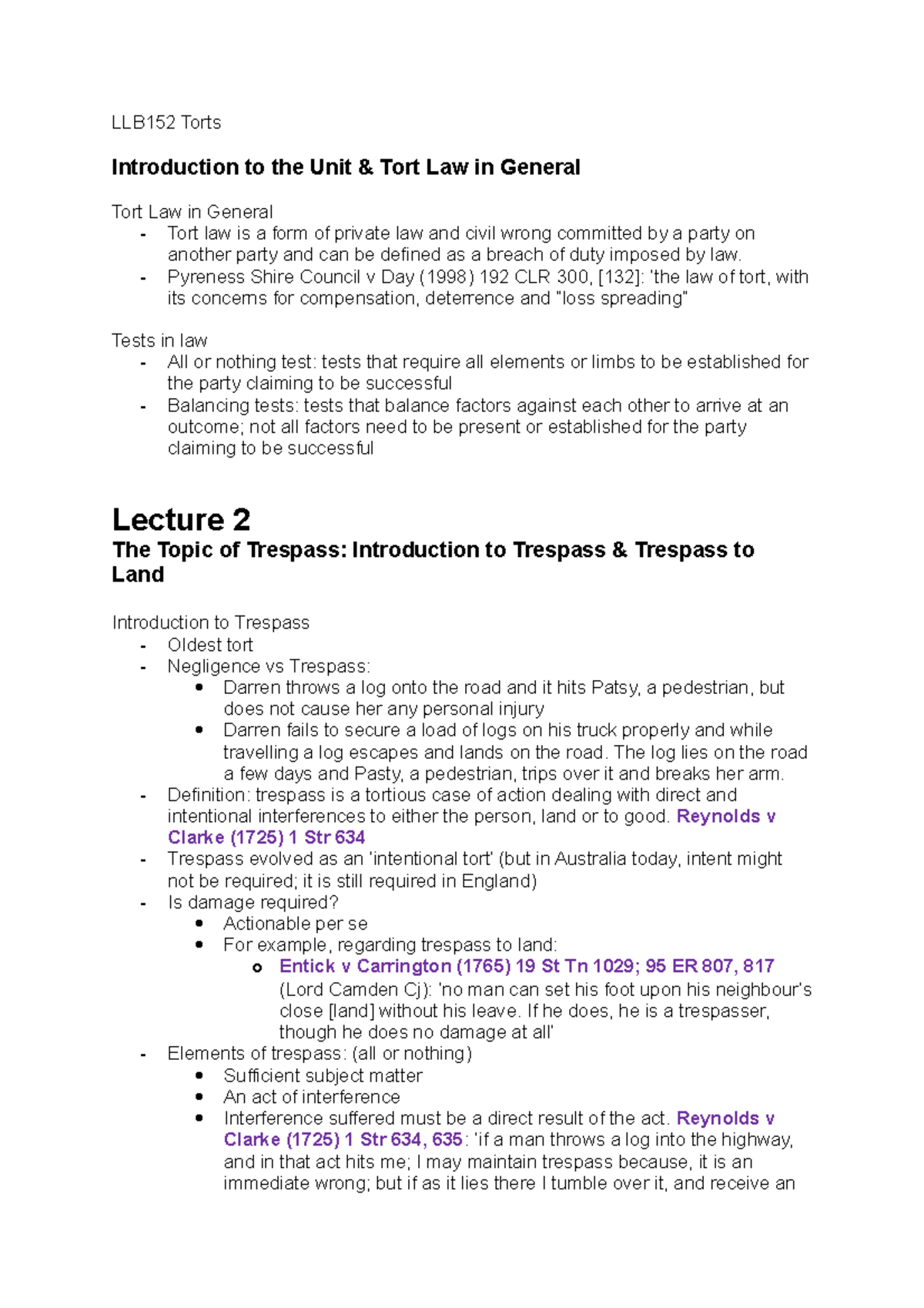 LLB152 Torts - Lecture Notes For The Semester - LLB152 Torts ...