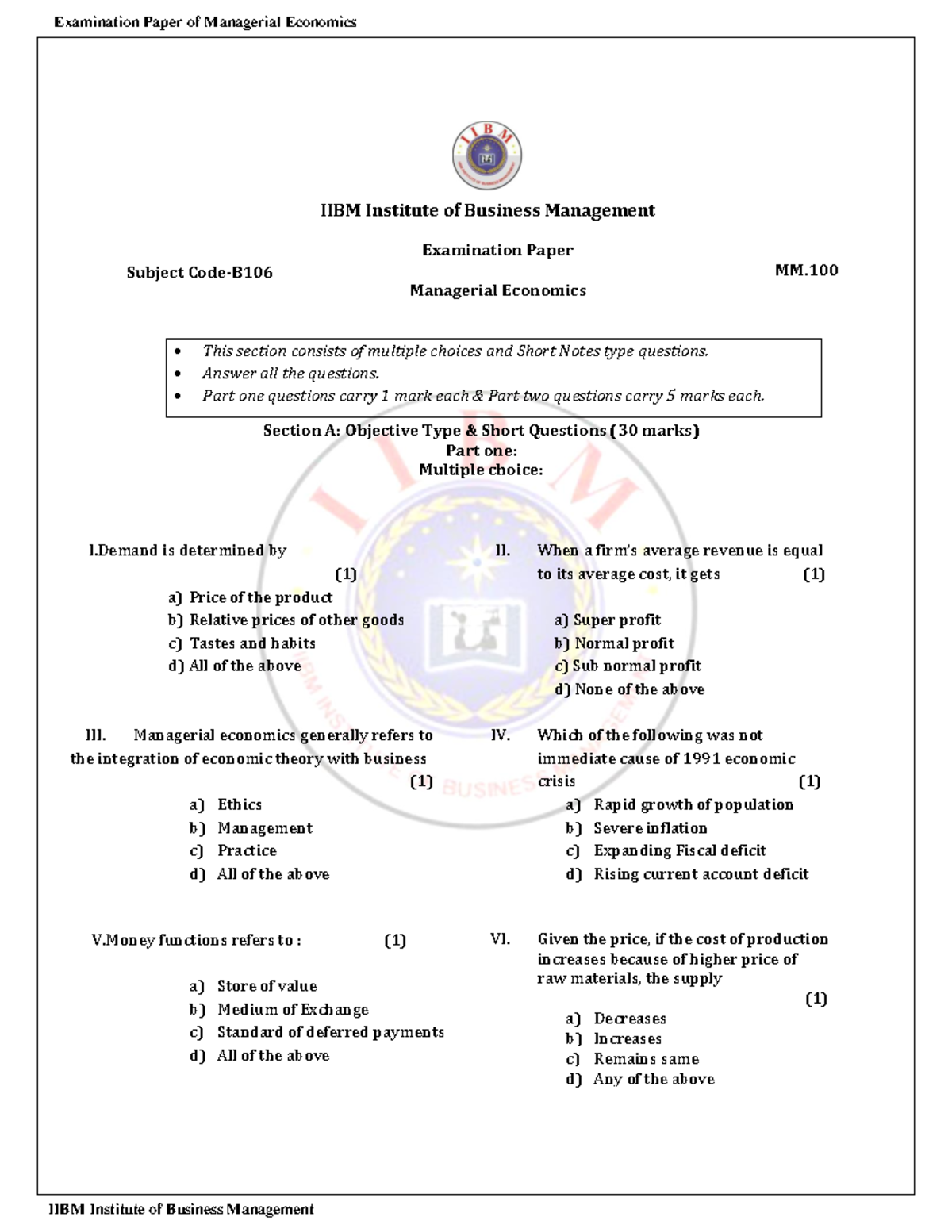 Managerial Economics Exam Papers IIBM Institute of Business Management Subject CodeB Studocu