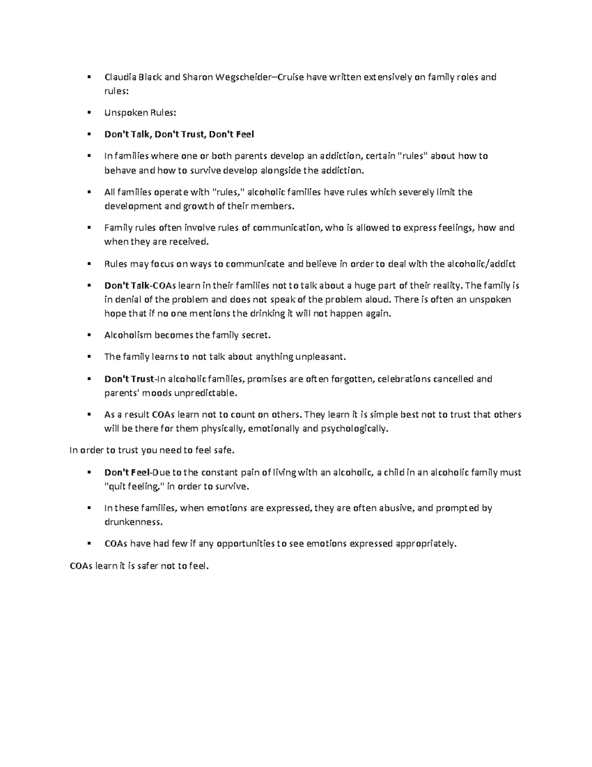 Unspoken Rules Class Notes Claudia Black and Sharon Wegscheider