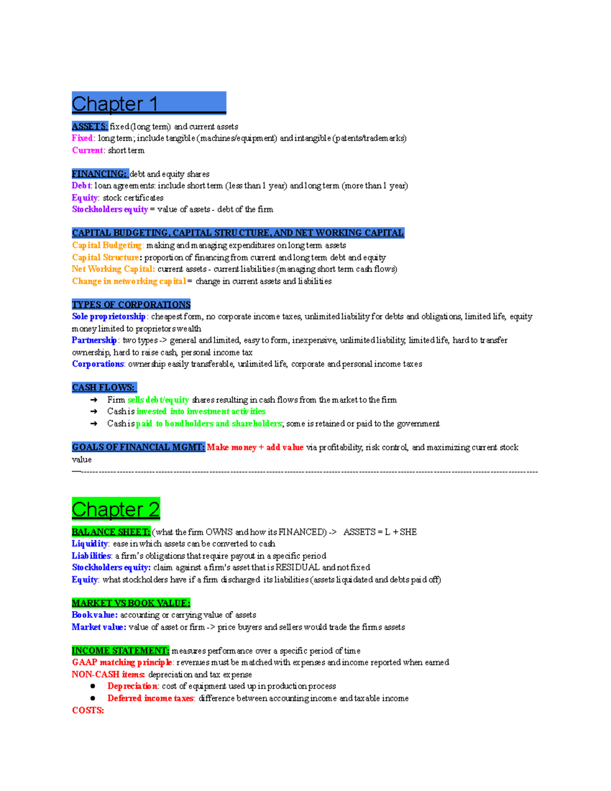 Finance Midterm Notes - Chapter 1 ASSETS: fixed (long term) and current ...
