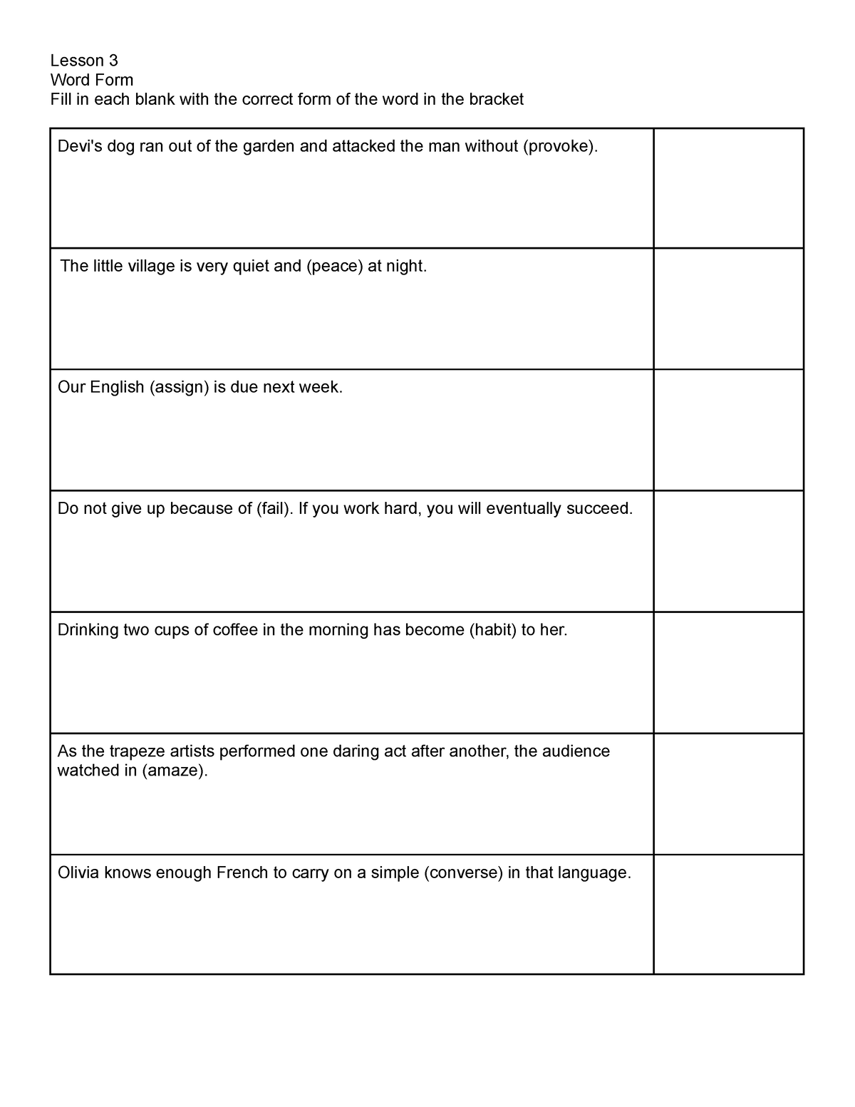 Lesson 3 - EXERCISE - Lesson 3 Word Form Fill in each blank with the ...