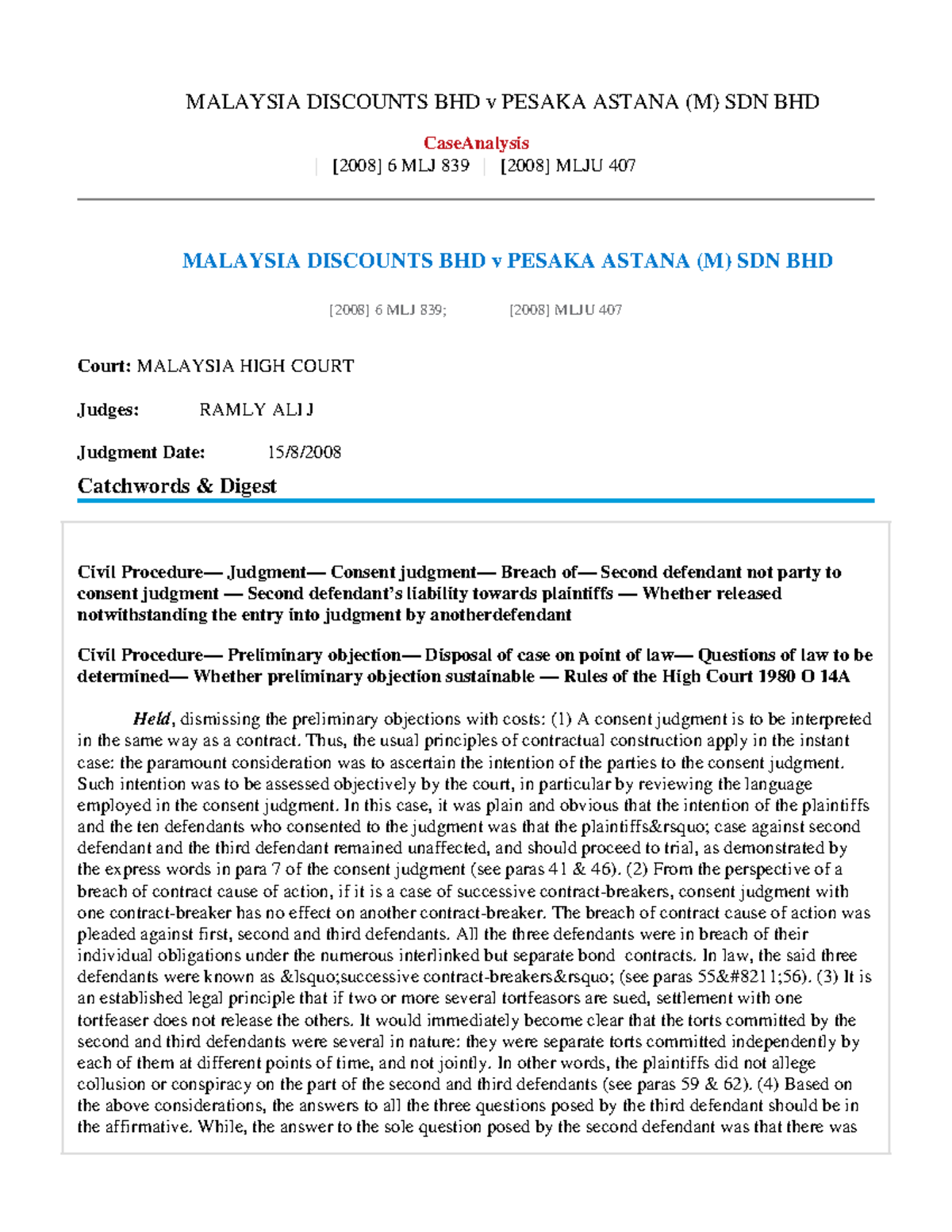 Malaysia Discounts BHD V Pesaka Astana (M) SD - CaseAnalysis | [2008] 6 ...