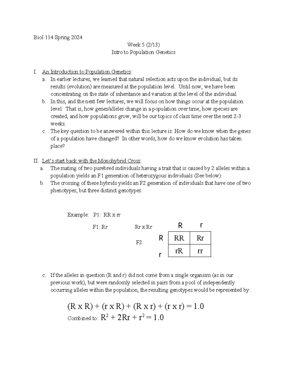 Lecture week 5 (2-13) - Notes Population Genetics - Biol 114 Spring ...