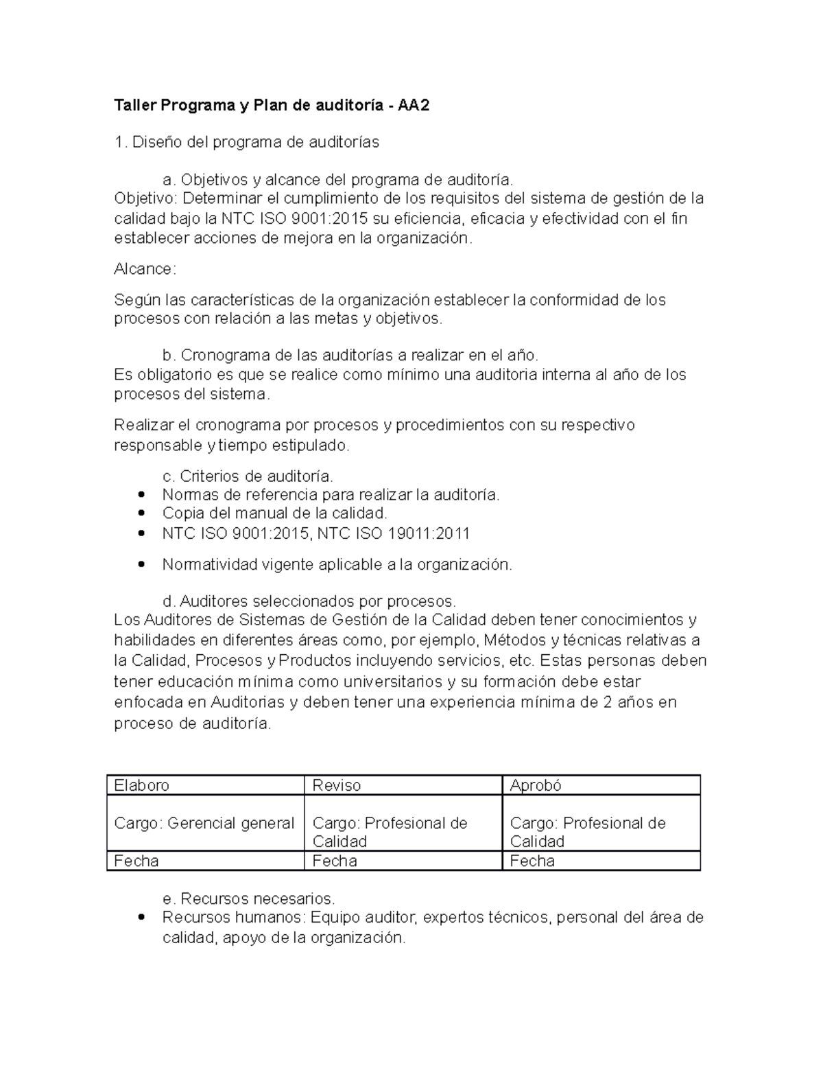 Taller Programa y Plan de auditoría - AA2 - Taller Programa y Plan de ...