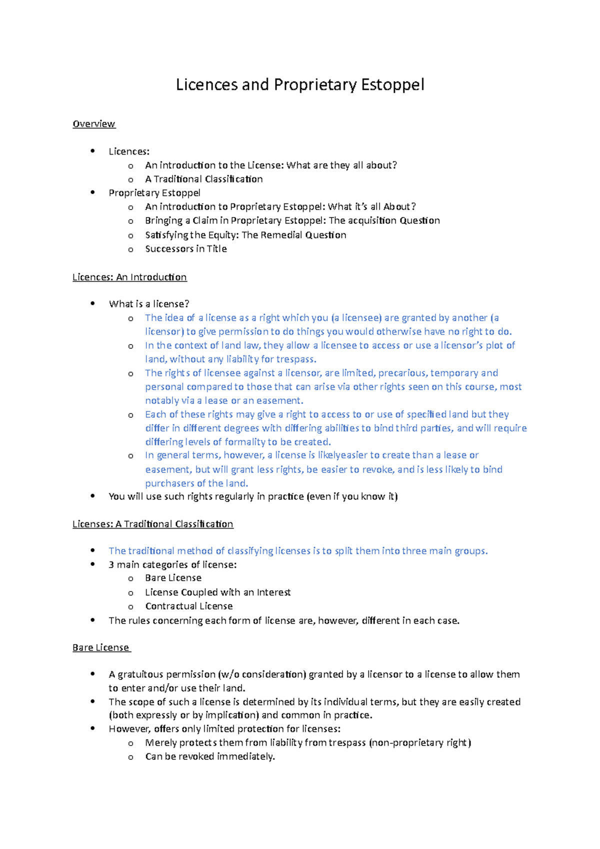Licences and Proprietary Estoppel - Lecture Notes - Licences and ...