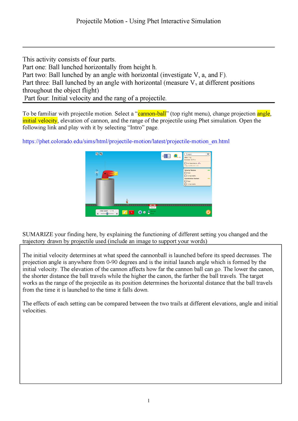 LAB - Projectile Motion (virtual) - Projectile Motion - Using Phet ...