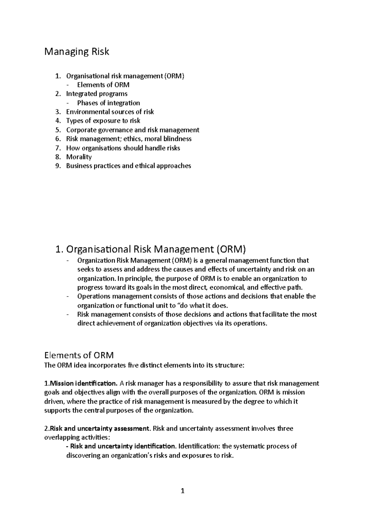 Week 5- lecture slides- complete - Managing Risk 1. Organisational risk ...