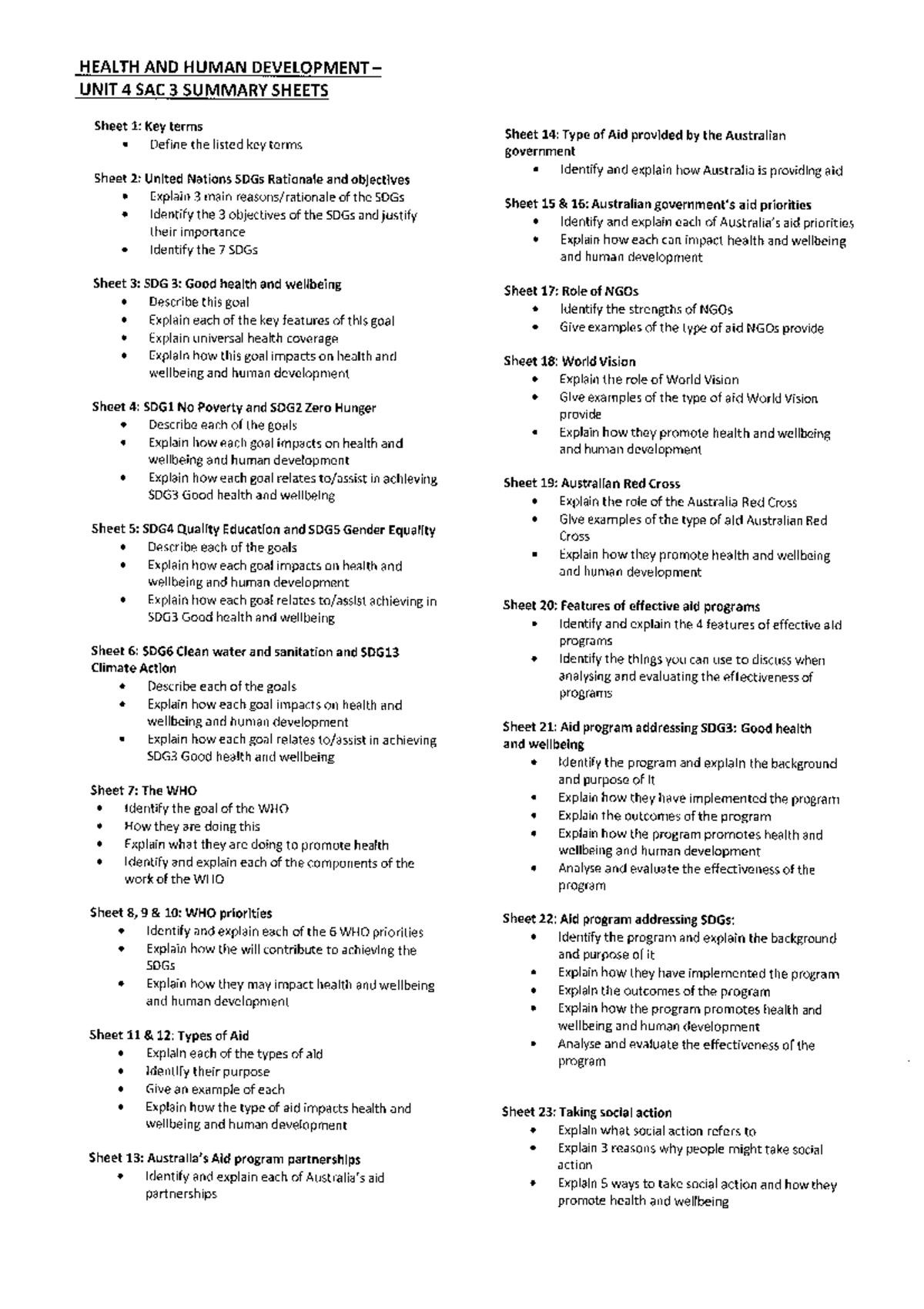 HHD Unit 4 SAC 3 Summary Sheets - Studocu