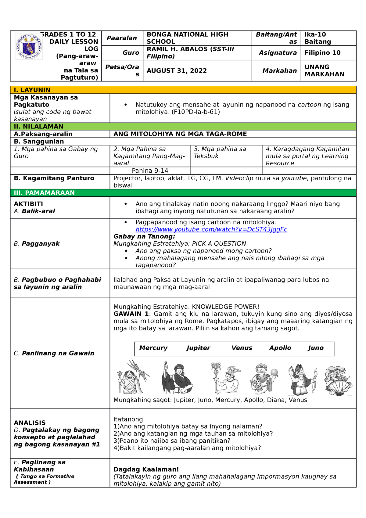 Dll Filipino Week Tula Filipino Daily Lesson Log Pang Araw Araw My