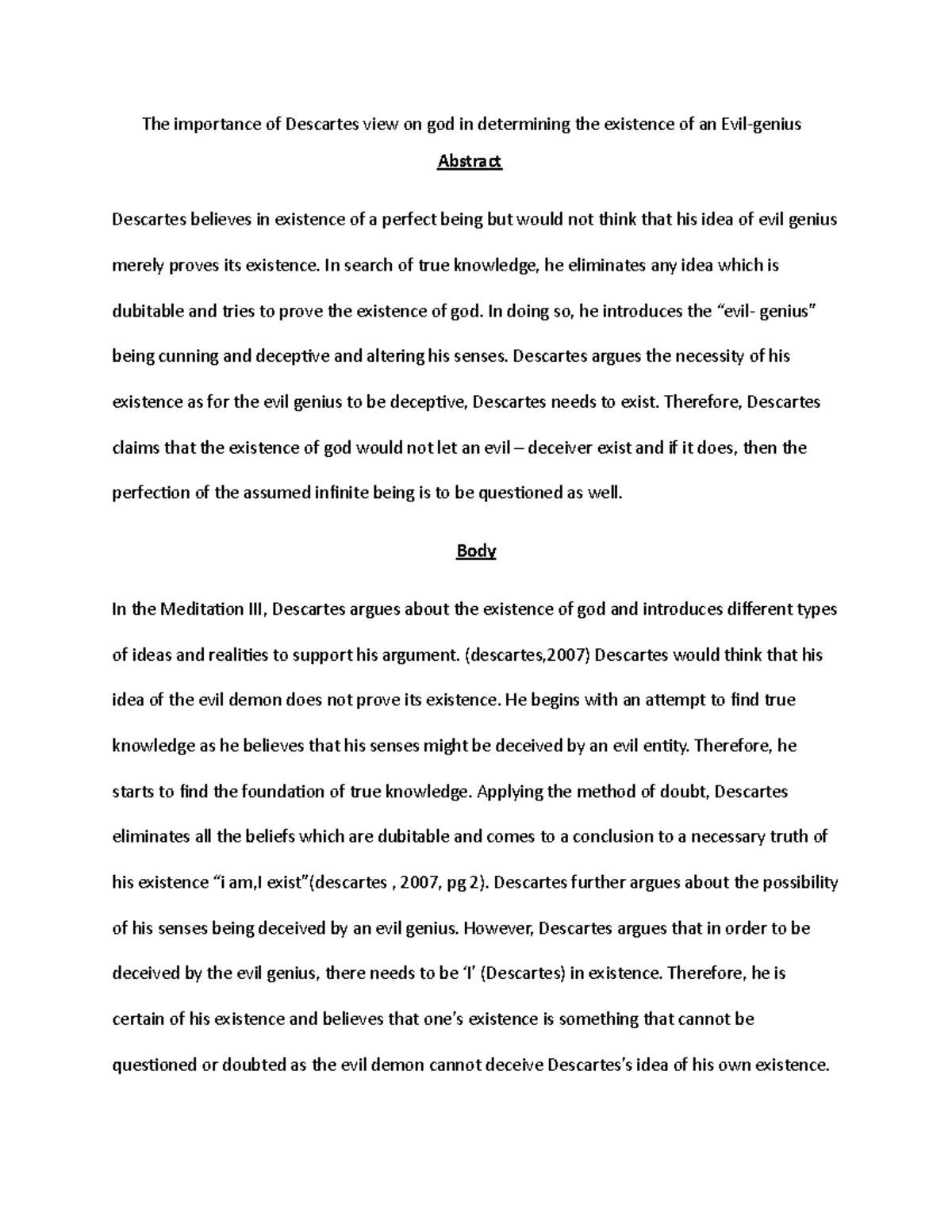 Descartes on god and evil genius The importance of Descartes view on god in determining the