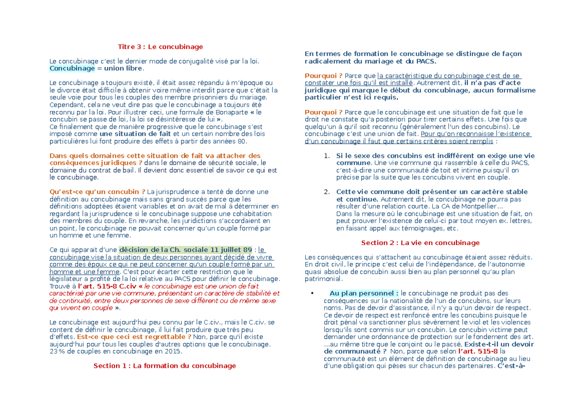 Titre 3 - Le Concubinage - Titre 3 : Le concubinage Le concubinage c