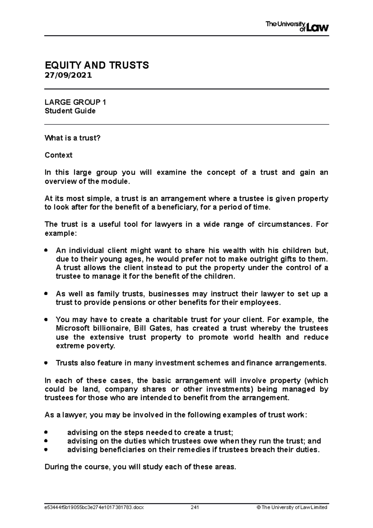 Large Group 1 Workshop notes 2021 Equity & Trusts - EQUITY AND TRUSTS ...